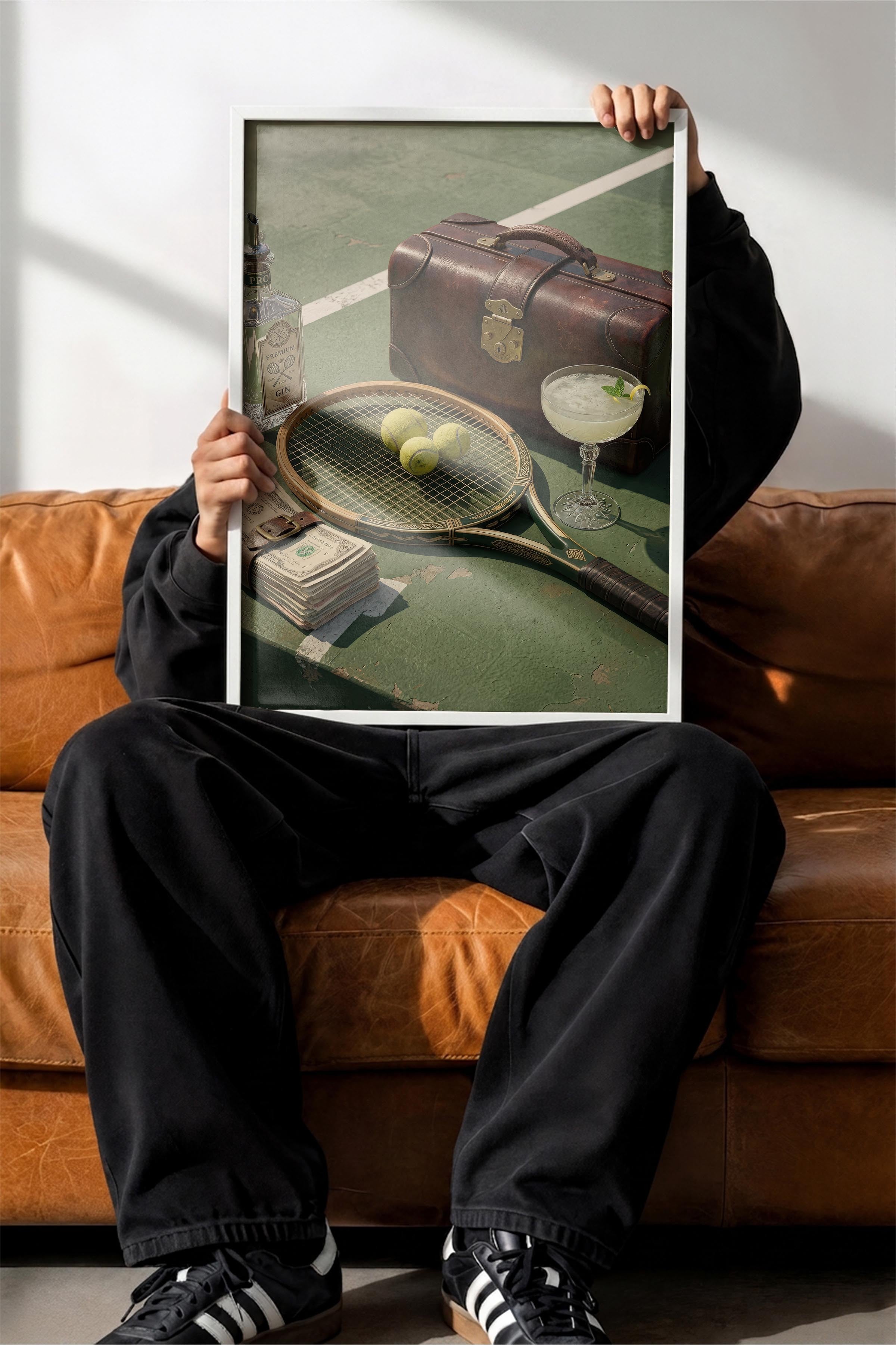 Tenis Raketi ve Kokteyl Posteri, Beyaz Çerçeveli Poster, Old Money Serisi, NO:113153