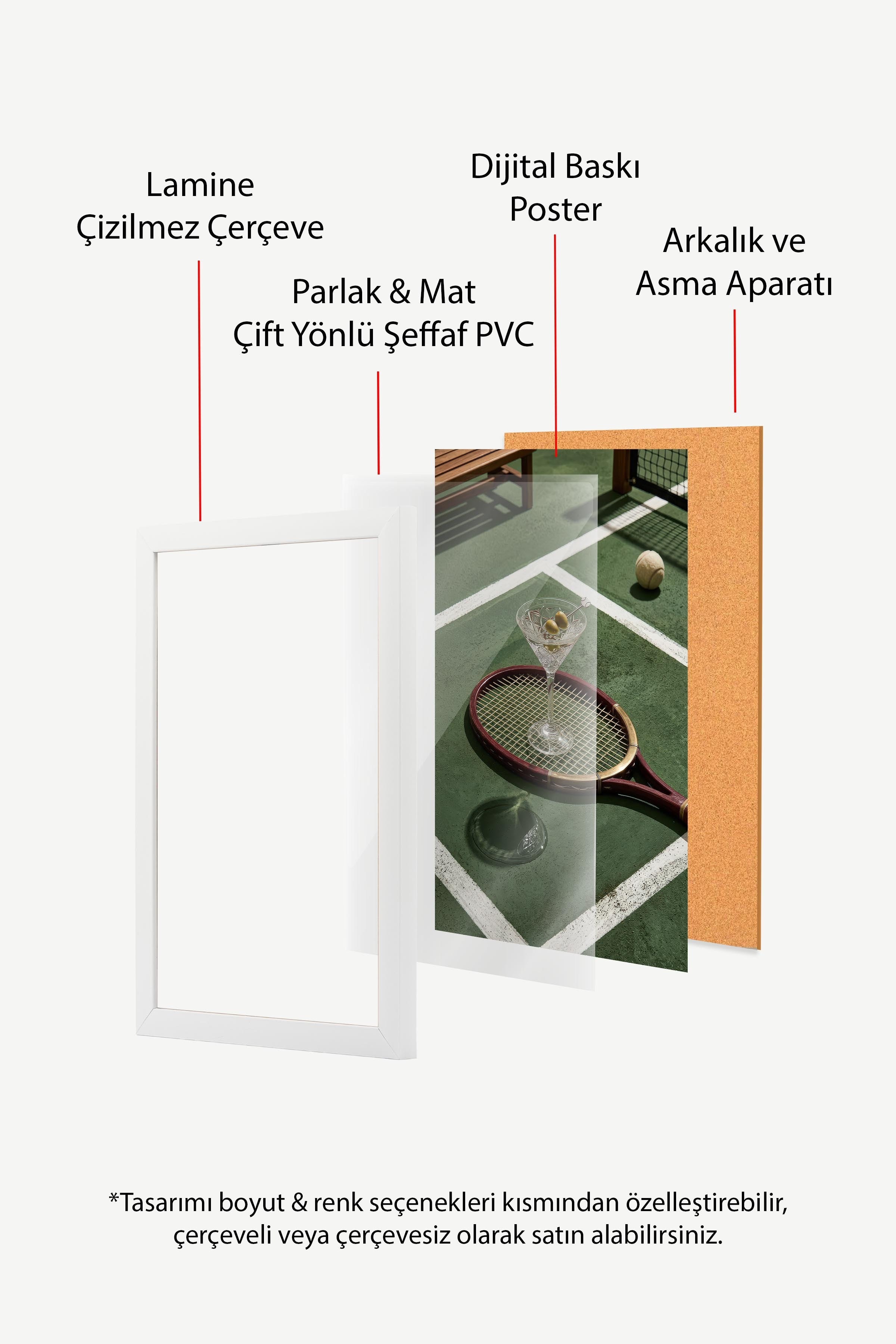 Tenis Raketi ve Kokteyl Posteri, Beyaz Çerçeveli Poster, Old Money Serisi, NO:113179
