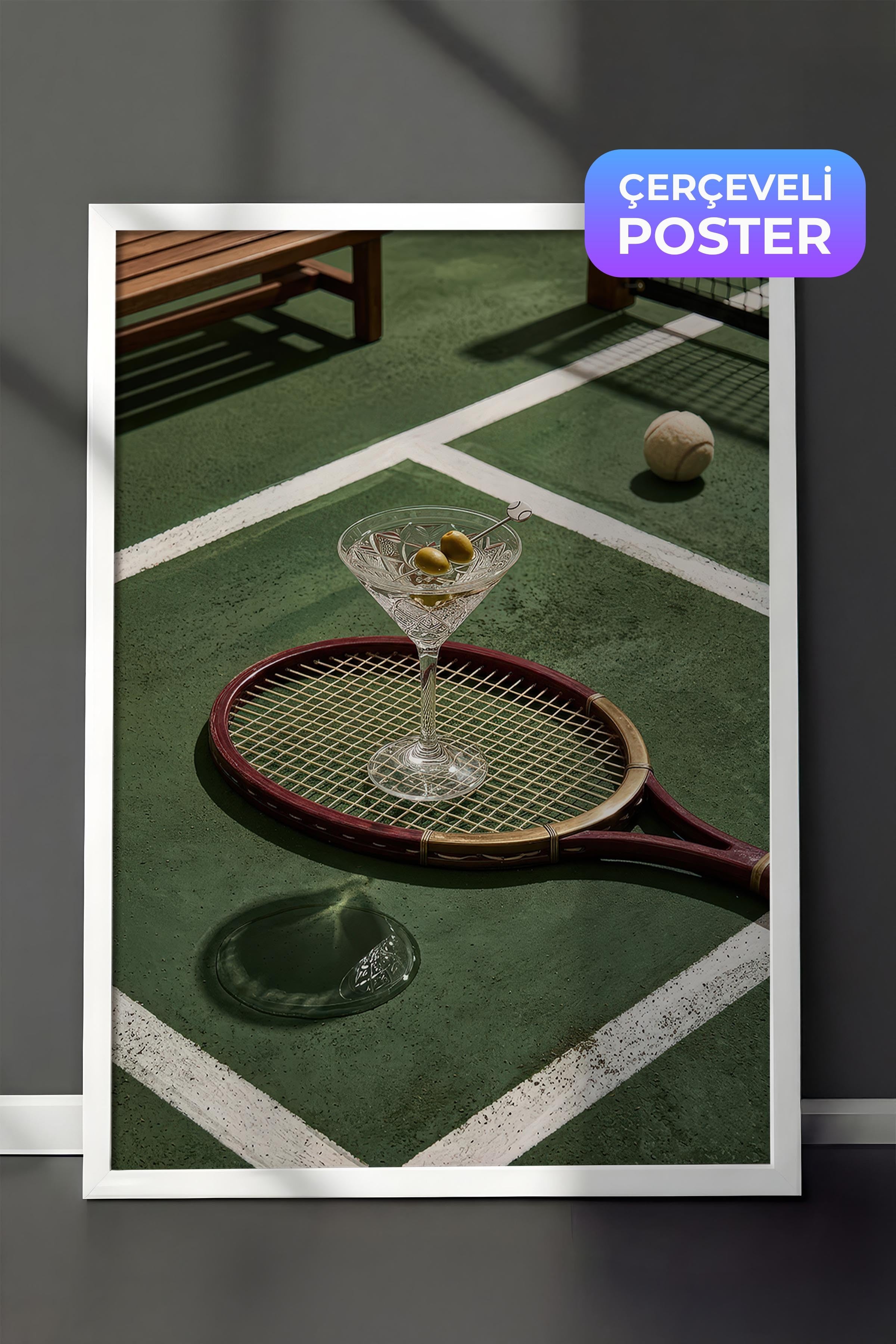 Tenis Raketi ve Kokteyl Posteri, Beyaz Çerçeveli Poster, Old Money Serisi, NO:113179