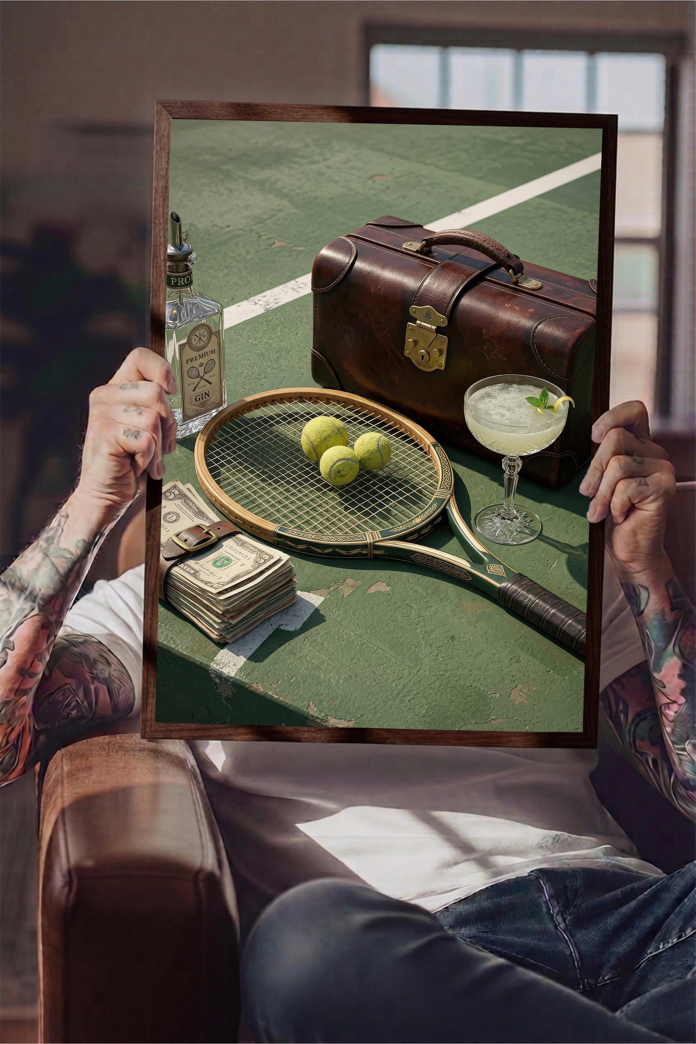 Tenis Raketi ve Kokteyl Posteri, Kahverengi Çerçeveli Poster, Old Money Serisi, NO:113153
