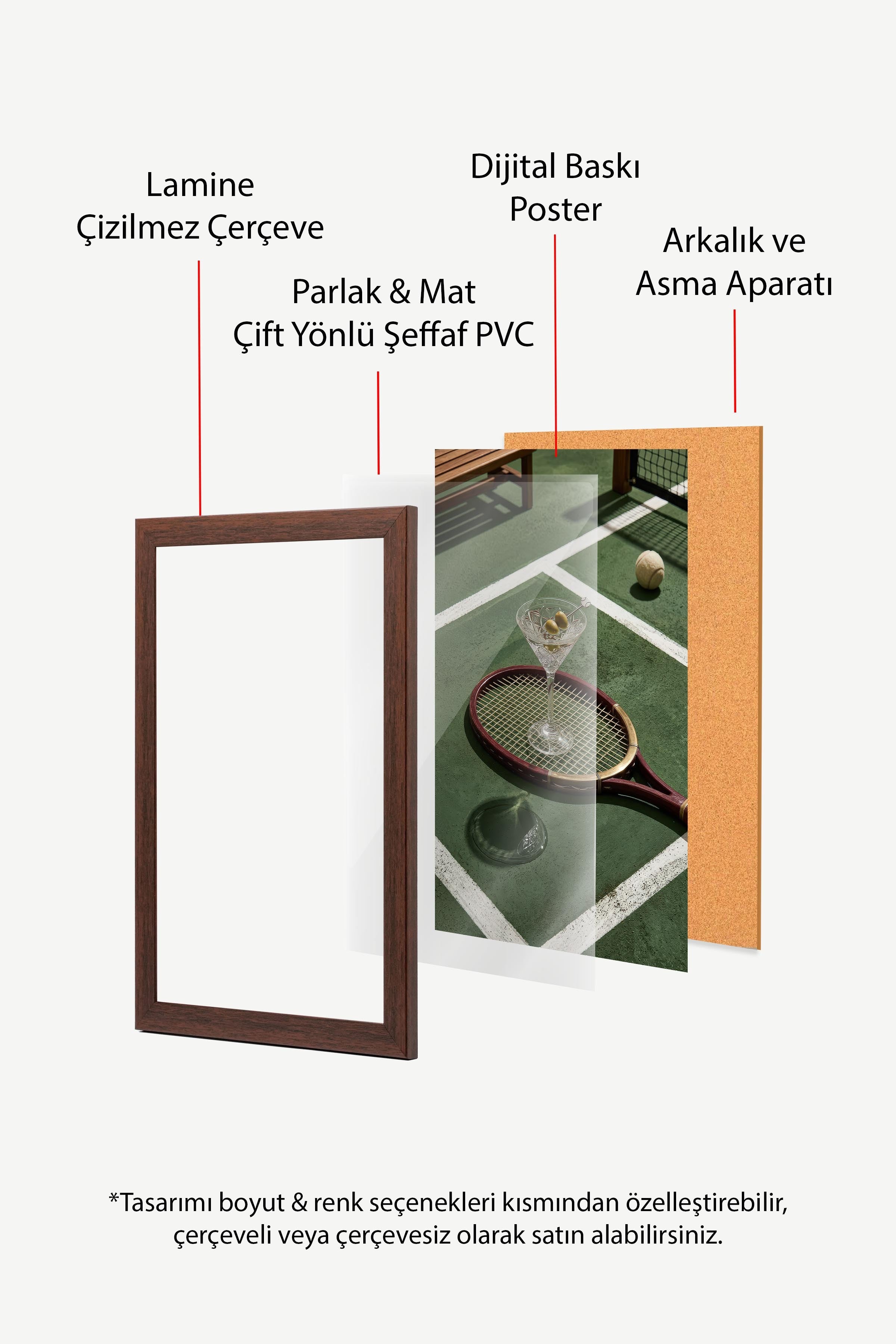 Tenis Raketi ve Kokteyl Posteri, Kahverengi Çerçeveli Poster, Old Money Serisi, NO:113179