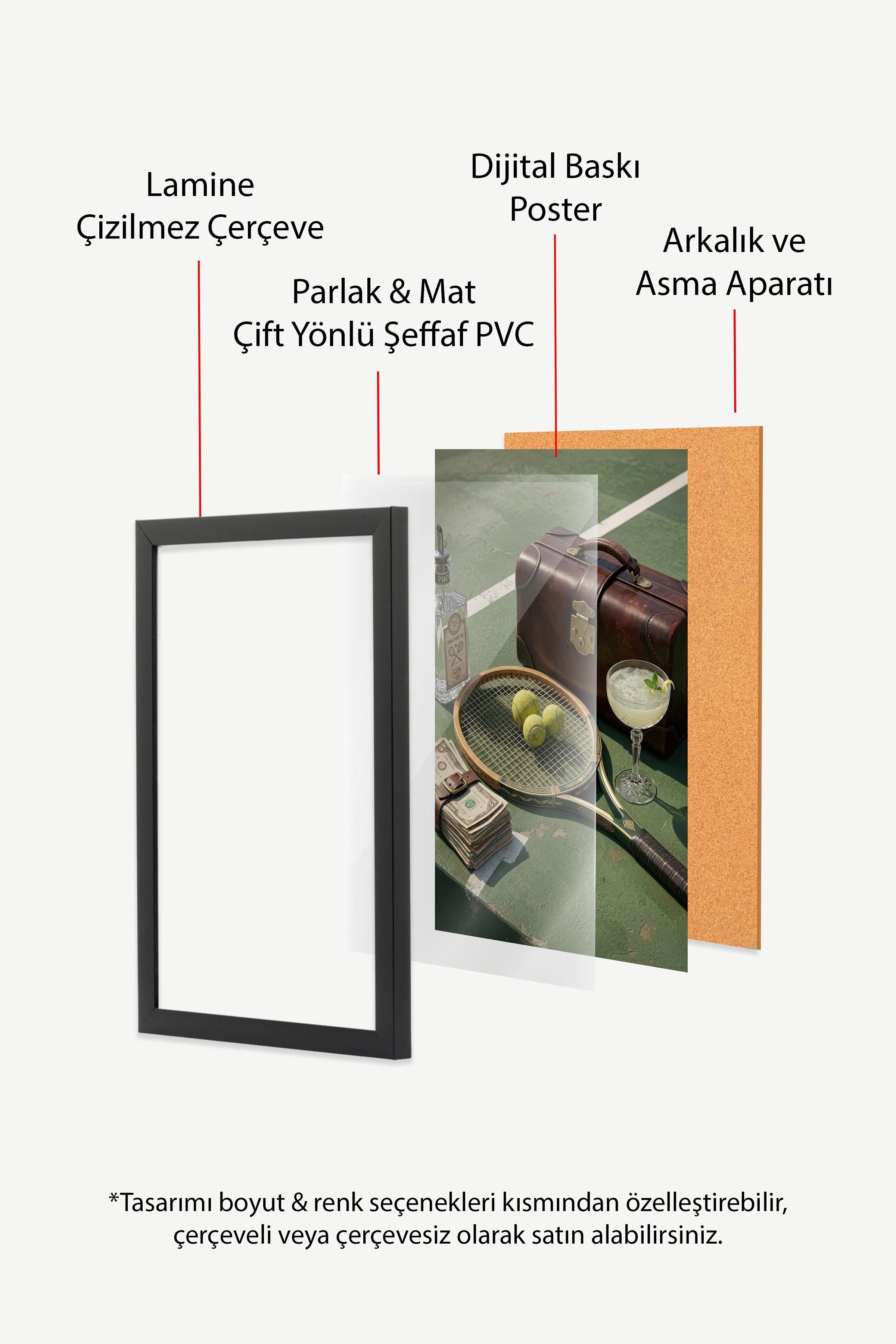Tenis Raketi ve Kokteyl Posteri, Siyah Çerçeveli Poster, Old Money Serisi, NO:113153