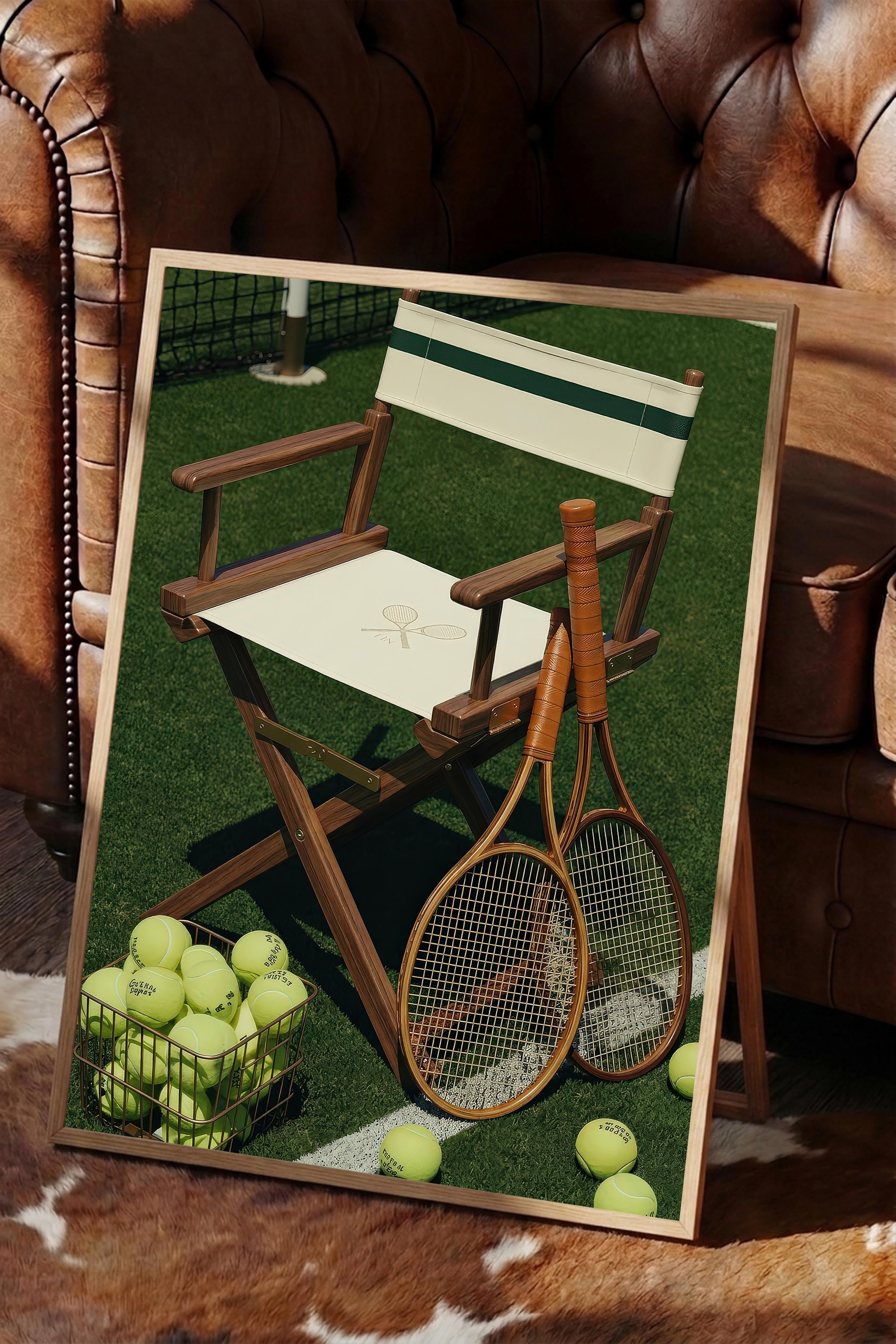 Tenis Raketi ve Sandalye Posteri, Ahşap Çerçeveli Poster, Old Money Serisi, NO:113125