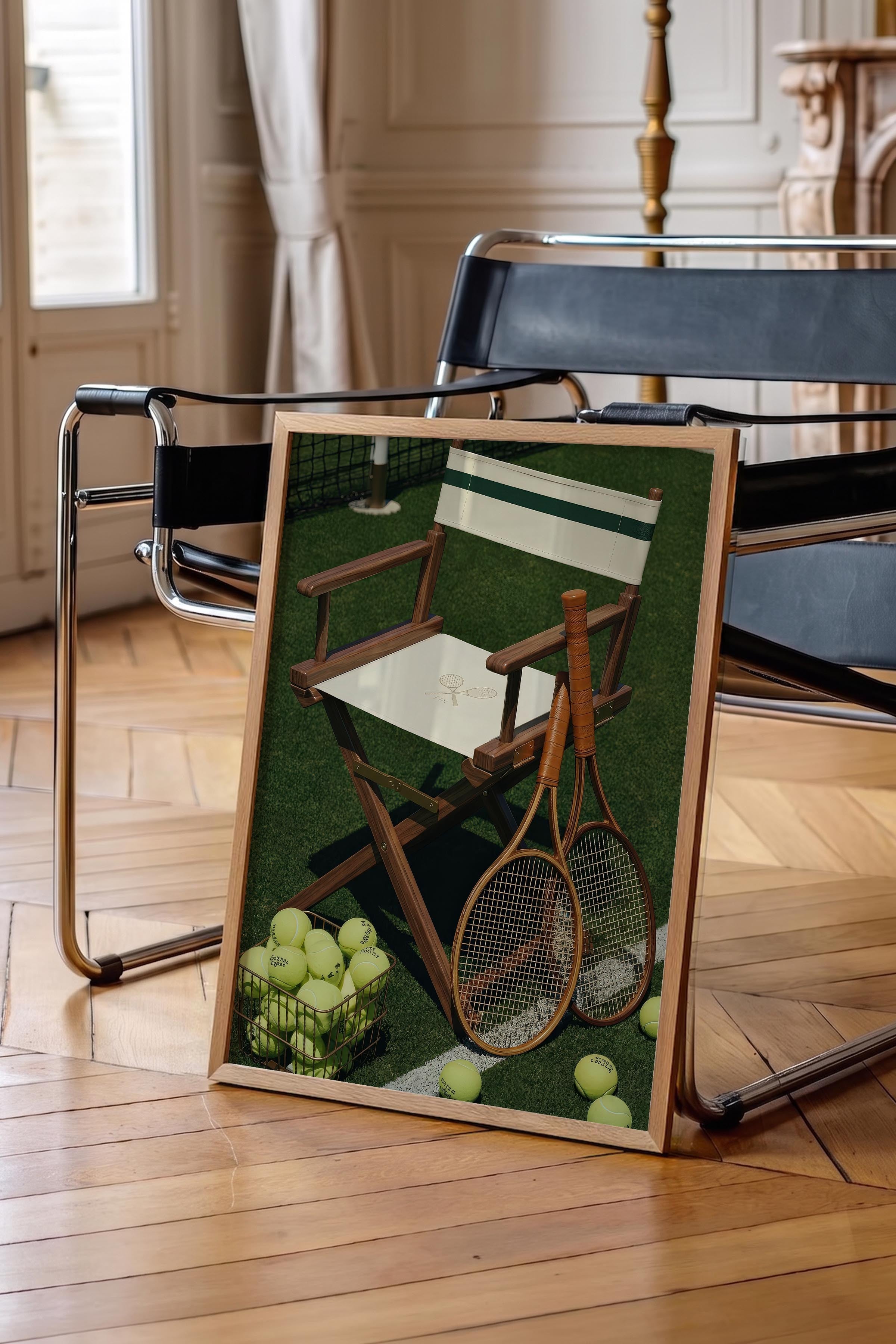Tenis Raketi ve Sandalye Posteri, Ahşap Çerçeveli Poster, Old Money Serisi, NO:113125