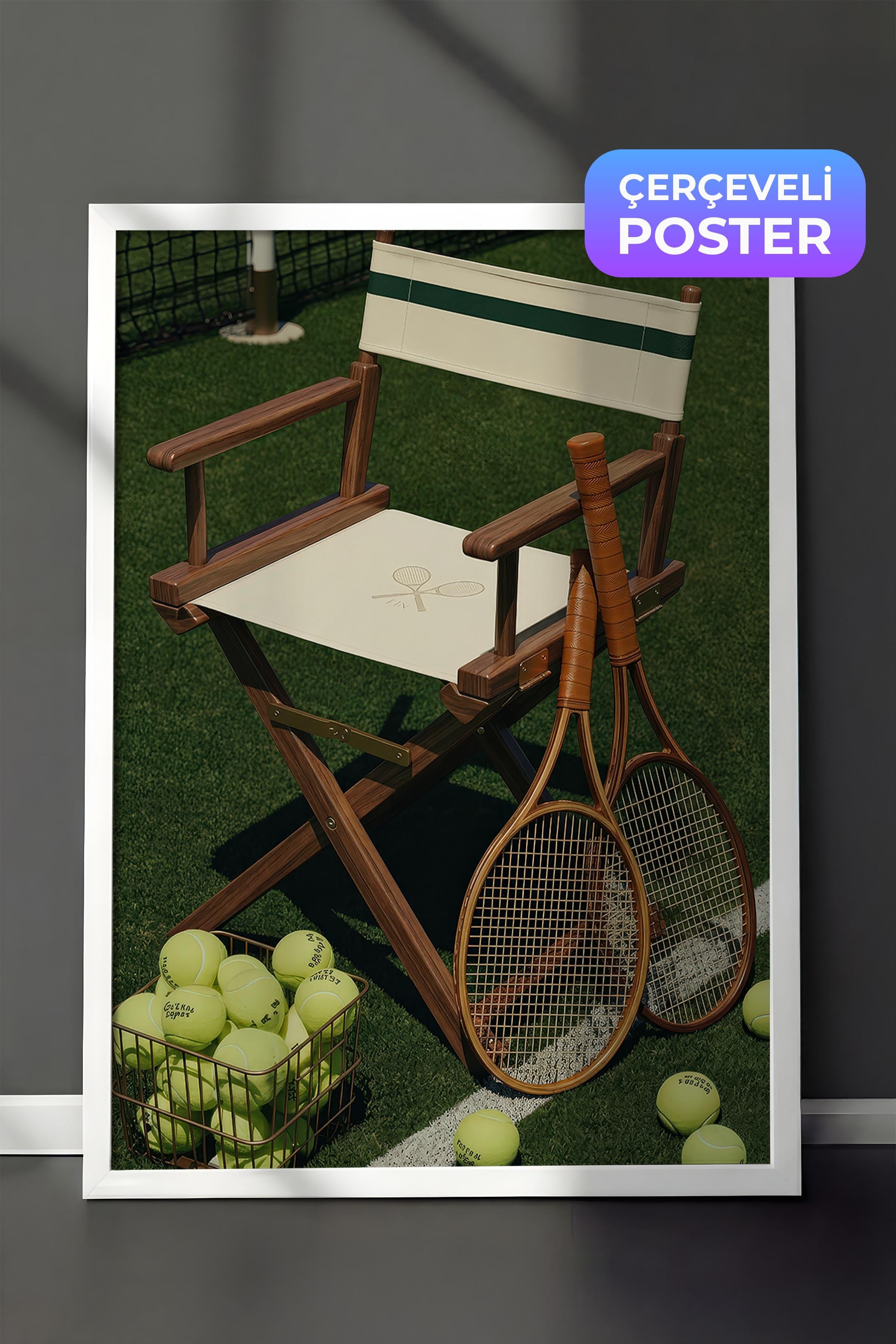 Tenis Raketi ve Sandalye Posteri, Beyaz Çerçeveli Poster, Old Money Serisi, NO:113125