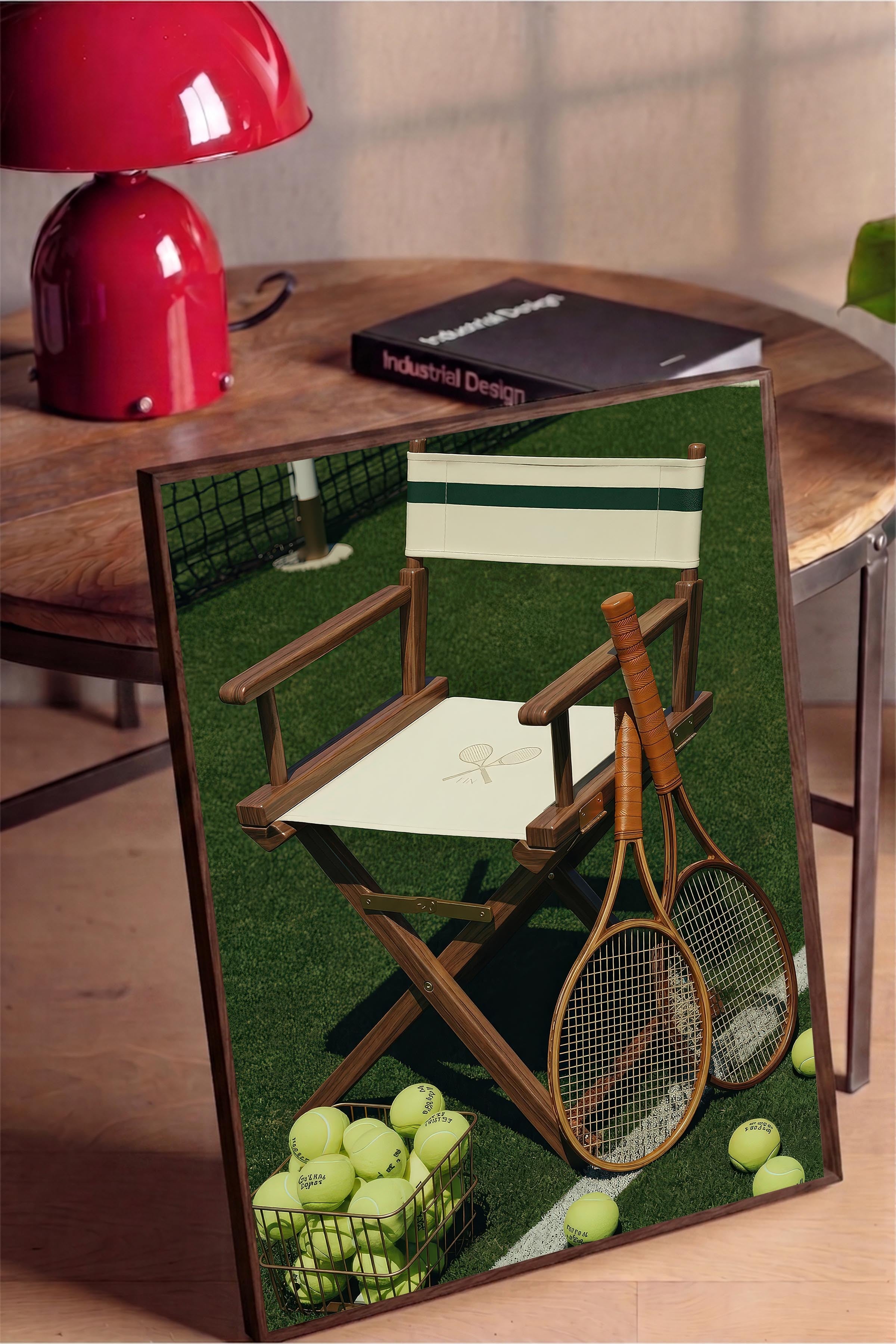 Tenis Raketi ve Sandalye Posteri, Kahverengi Çerçeveli Poster, Old Money Serisi, NO:113125