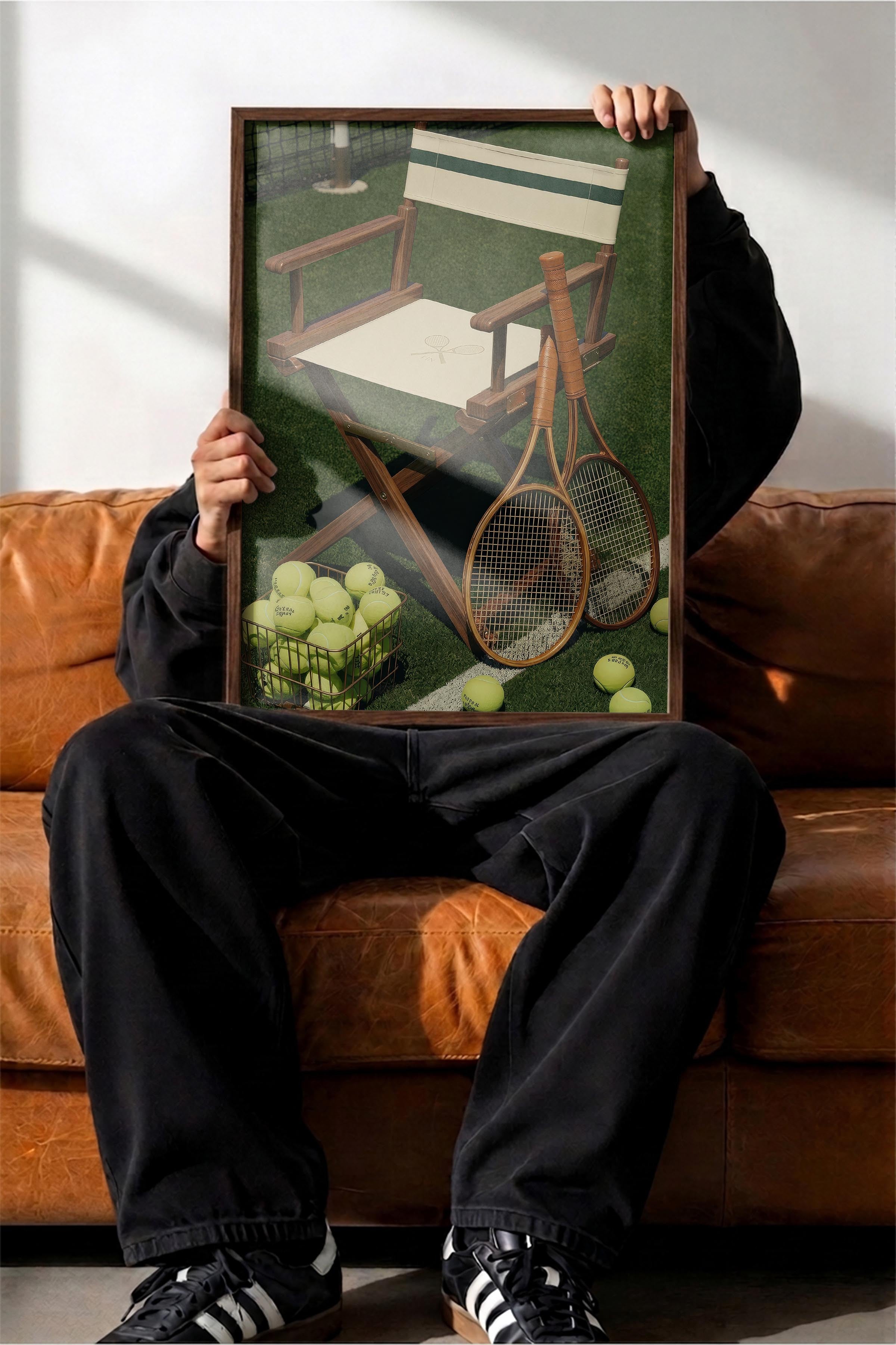 Tenis Raketi ve Sandalye Posteri, Kahverengi Çerçeveli Poster, Old Money Serisi, NO:113125