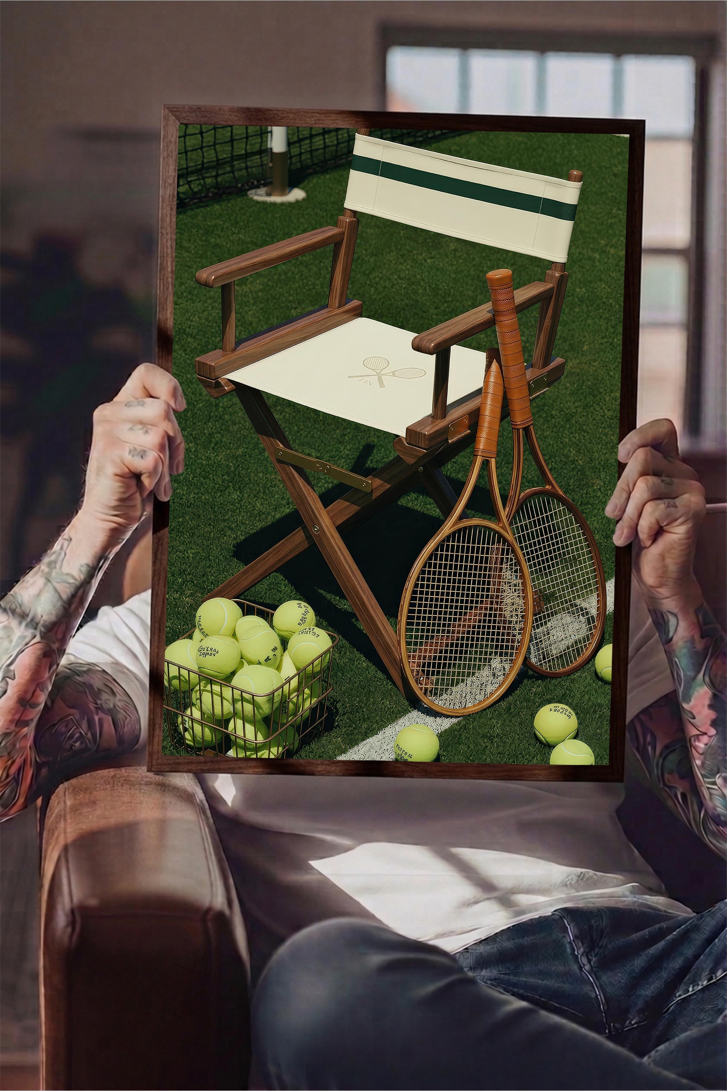 Tenis Raketi ve Sandalye Posteri, Kahverengi Çerçeveli Poster, Old Money Serisi, NO:113125