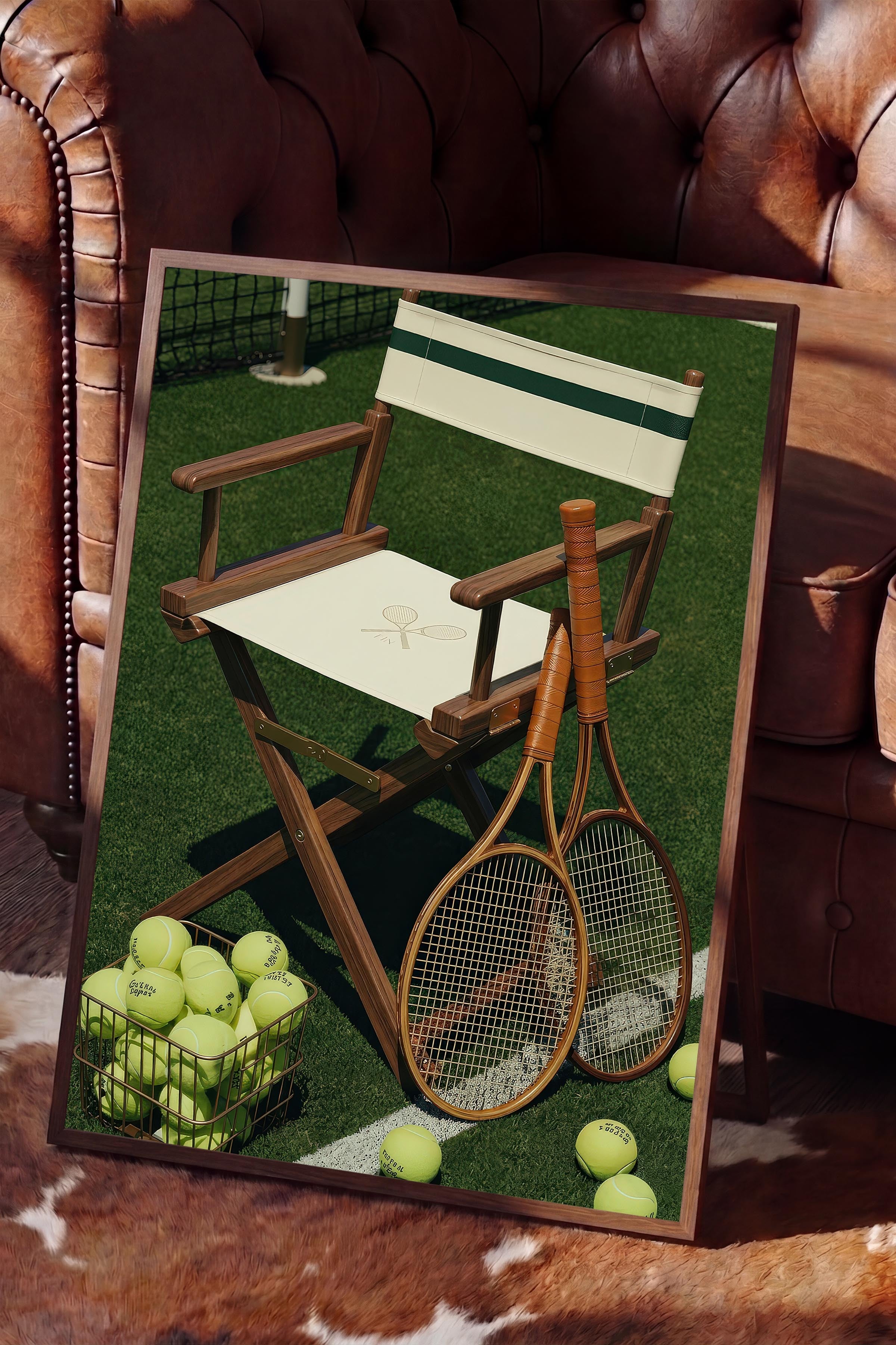 Tenis Raketi ve Sandalye Posteri, Kahverengi Çerçeveli Poster, Old Money Serisi, NO:113125