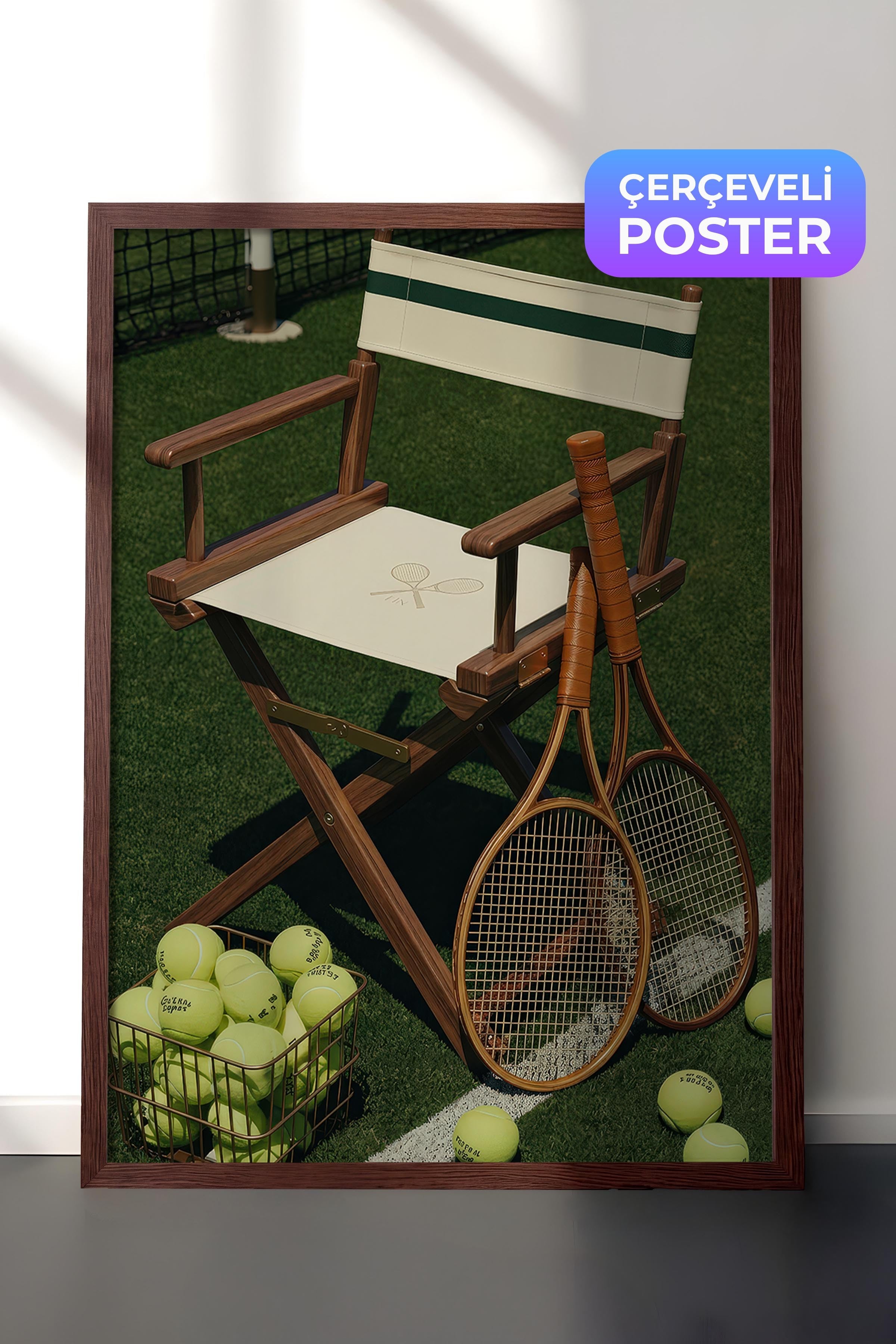 Tenis Raketi ve Sandalye Posteri, Kahverengi Çerçeveli Poster, Old Money Serisi, NO:113125