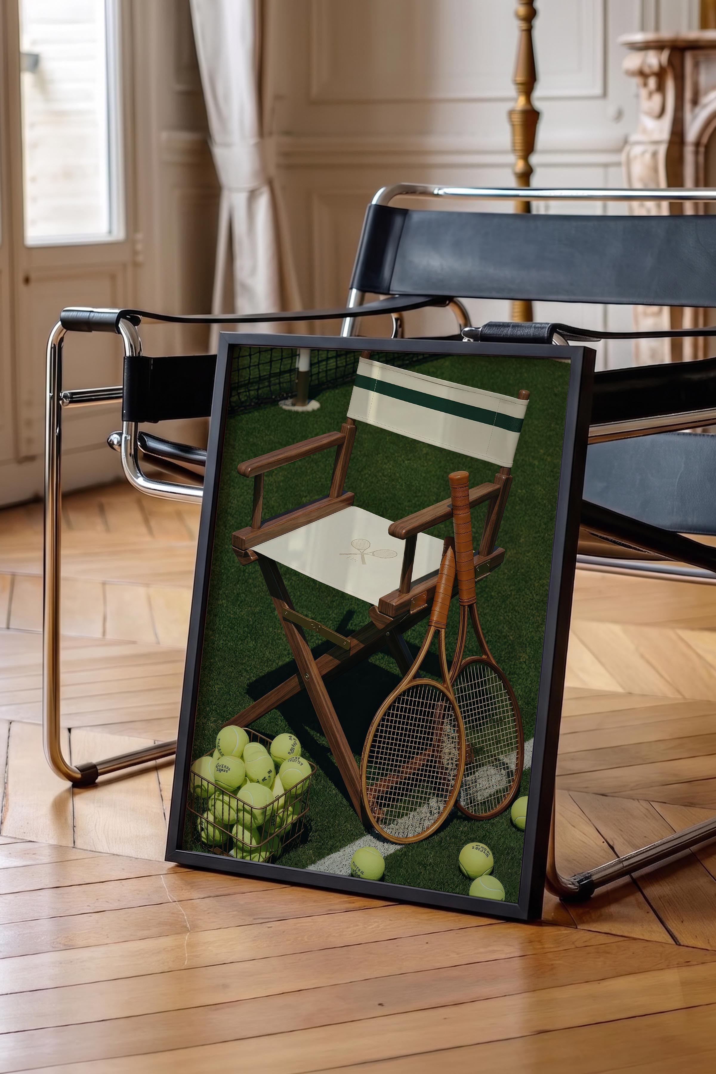 Tenis Raketi ve Sandalye Posteri, Siyah Çerçeveli Poster, Old Money Serisi, NO:113125
