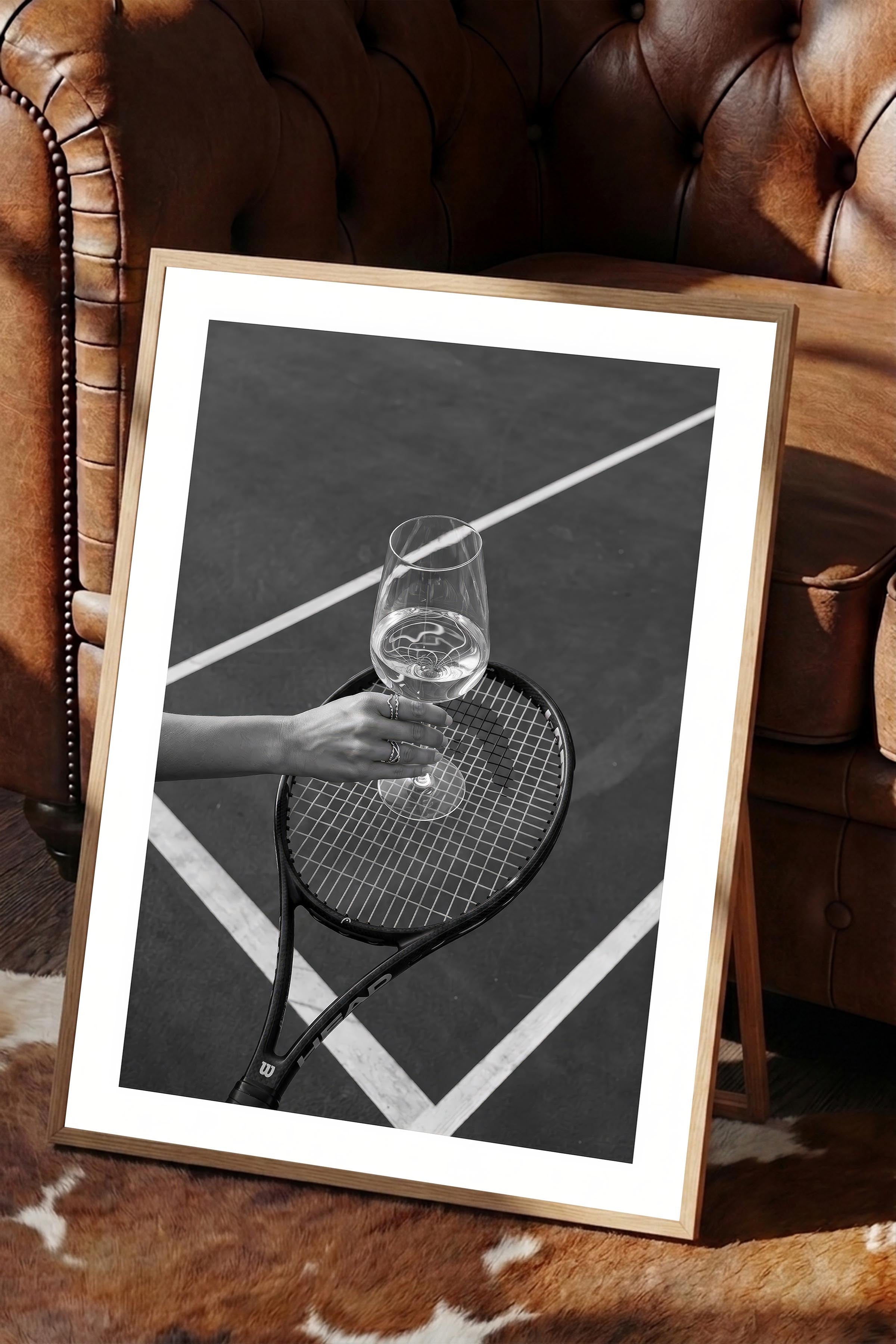 Tenis Raketi ve Şarap Kadehi Posteri, Ahşap Çerçeveli Poster, Old Money Serisi, NO:113180