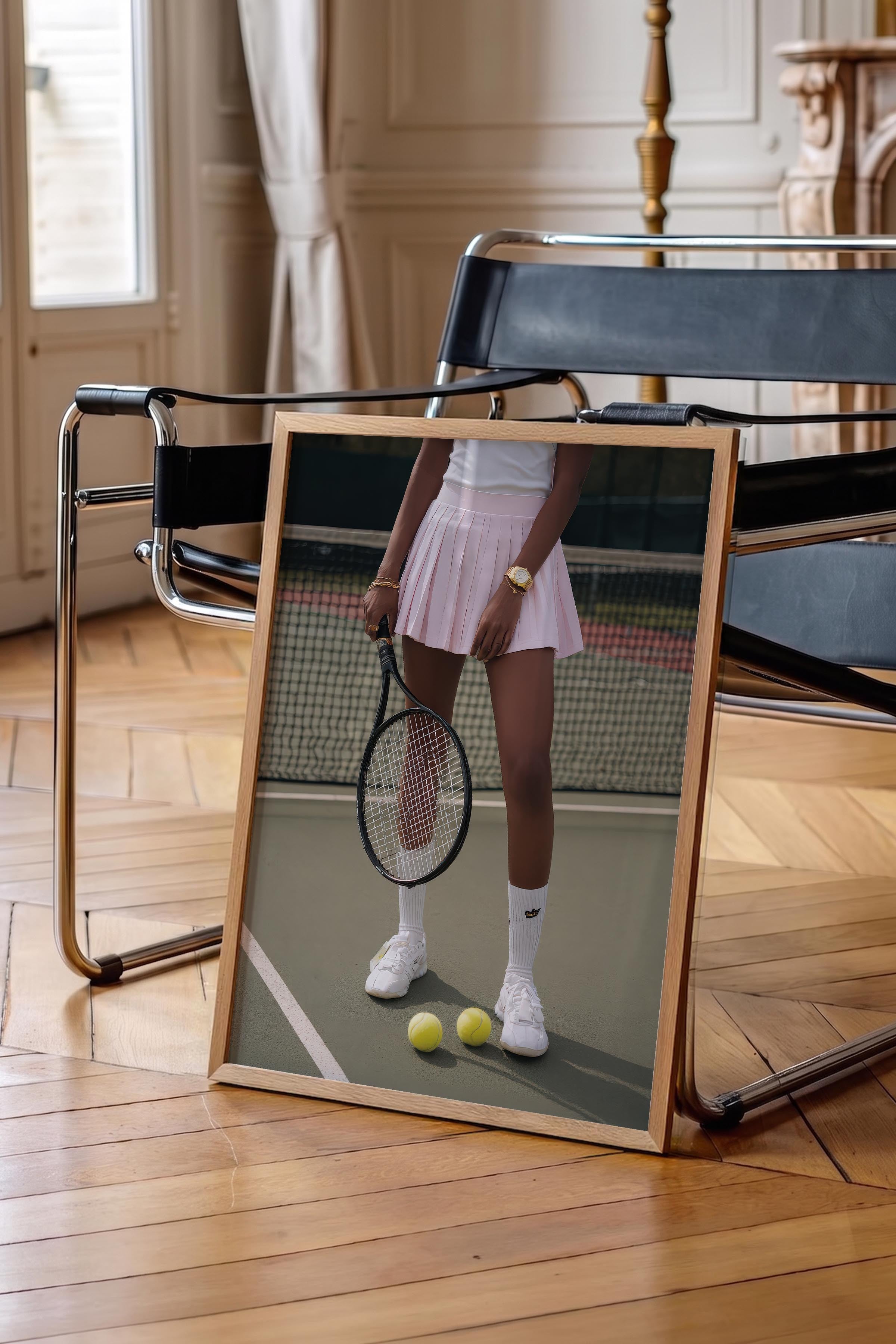 Tenis Raketi ve Topları Posteri, Ahşap Çerçeveli Poster, Old Money Serisi, NO:113215