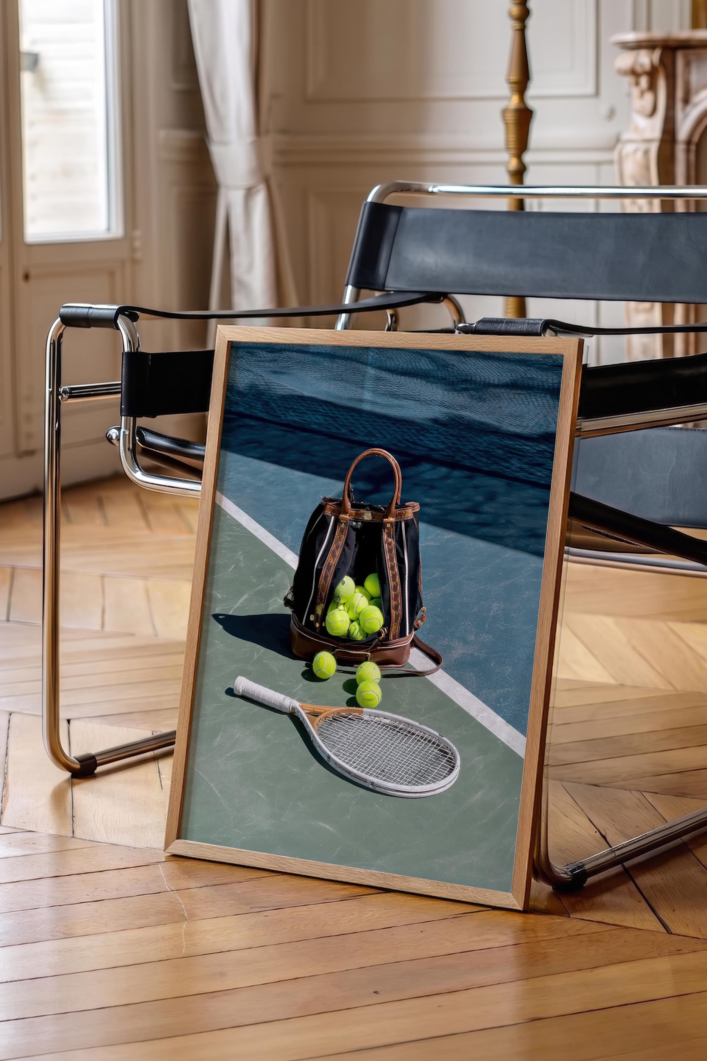 Tenis Raketi ve Topları Posteri, Ahşap Çerçeveli Poster, Old Money Serisi, NO:113231