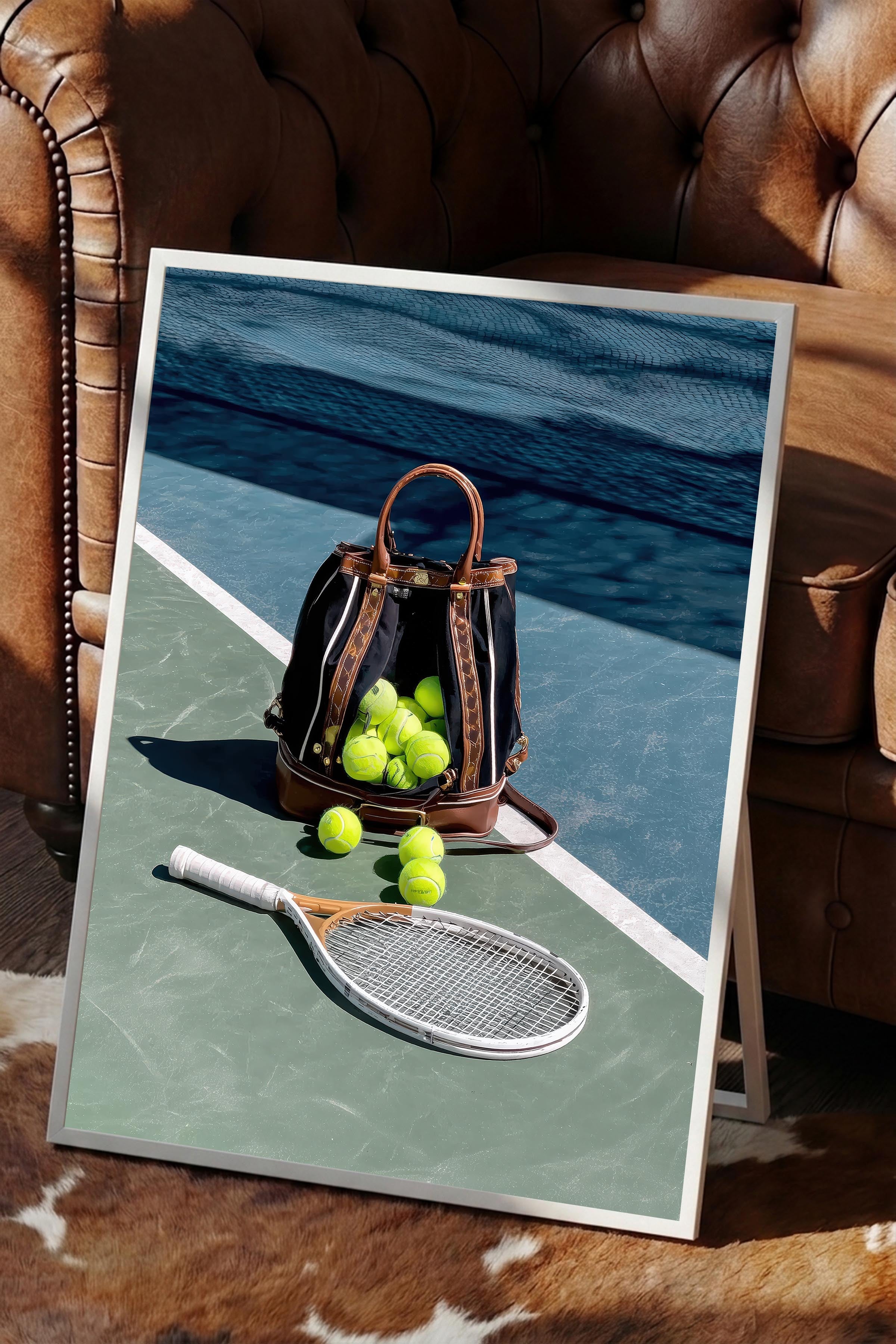 Tenis Raketi ve Topları Posteri, Beyaz Çerçeveli Poster, Old Money Serisi, NO:113231