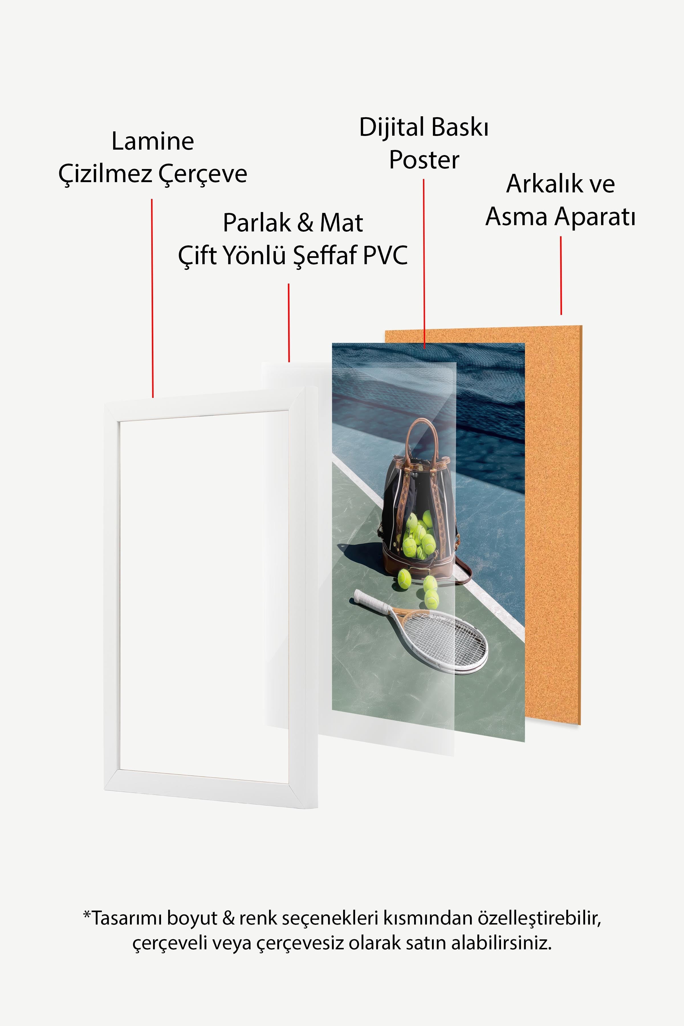 Tenis Raketi ve Topları Posteri, Beyaz Çerçeveli Poster, Old Money Serisi, NO:113231