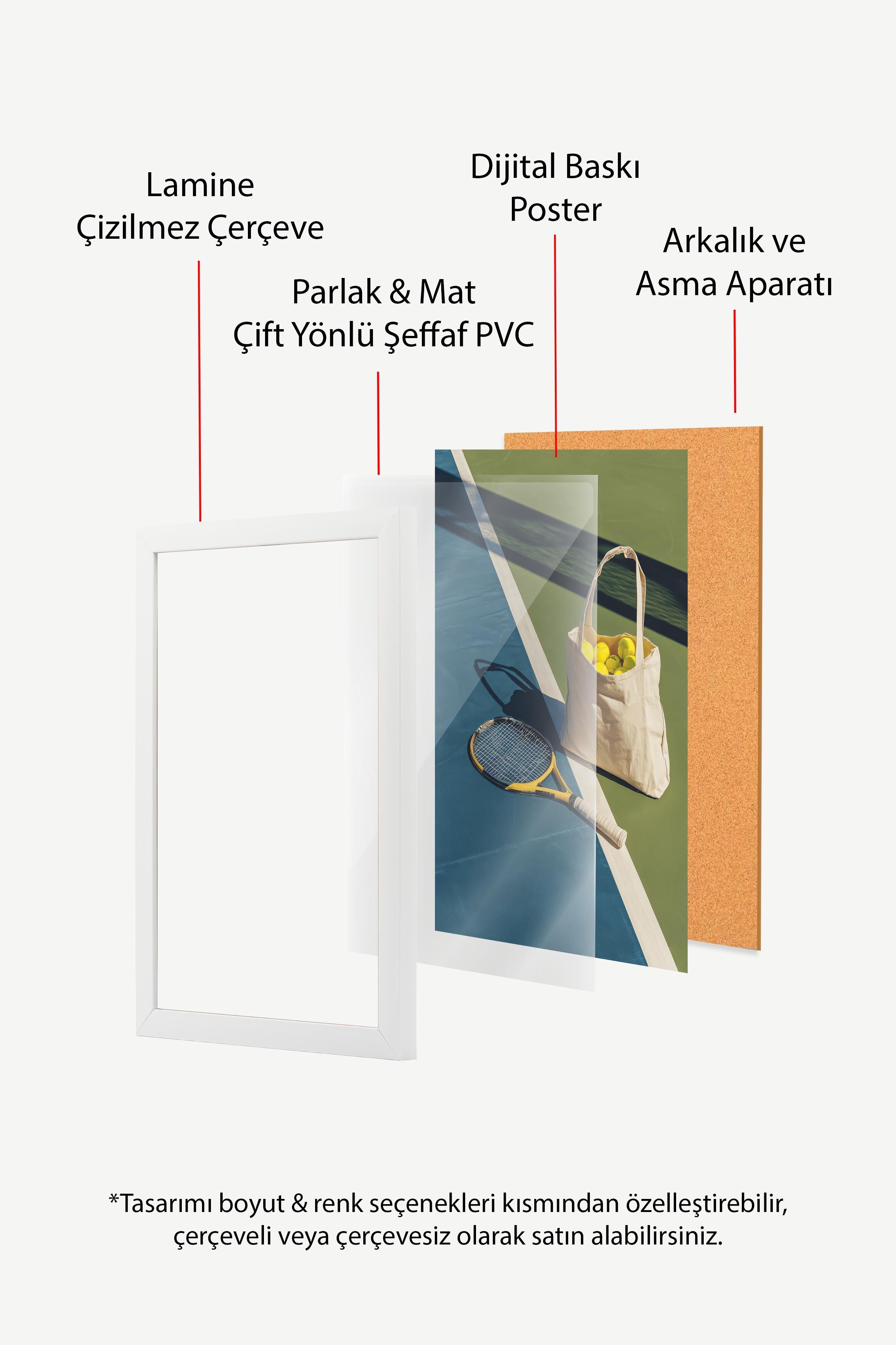 Tenis Raketi ve Topları Posteri, Beyaz Çerçeveli Poster, Old Money Serisi, NO:113245