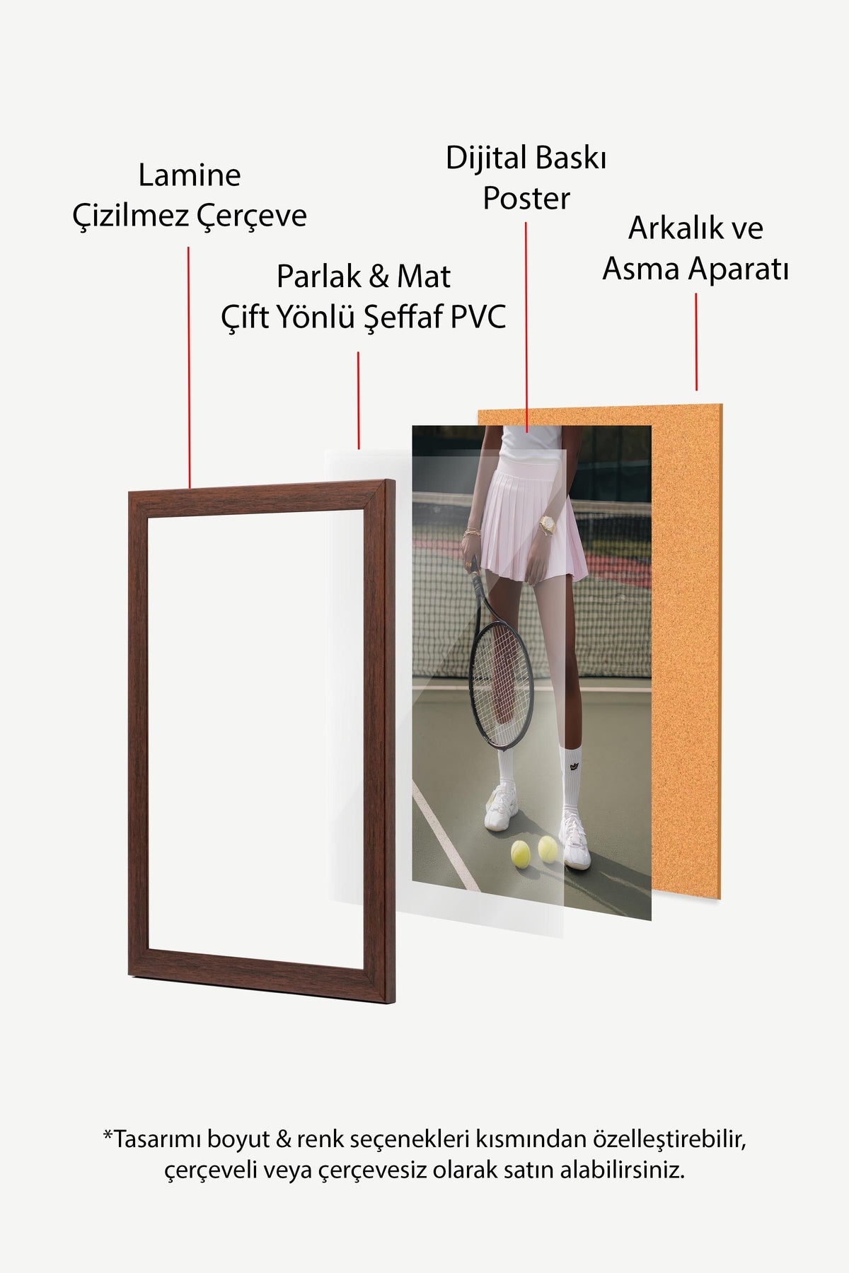 Tenis Raketi ve Topları Posteri, Kahverengi Çerçeveli Poster, Old Money Serisi, NO:113215