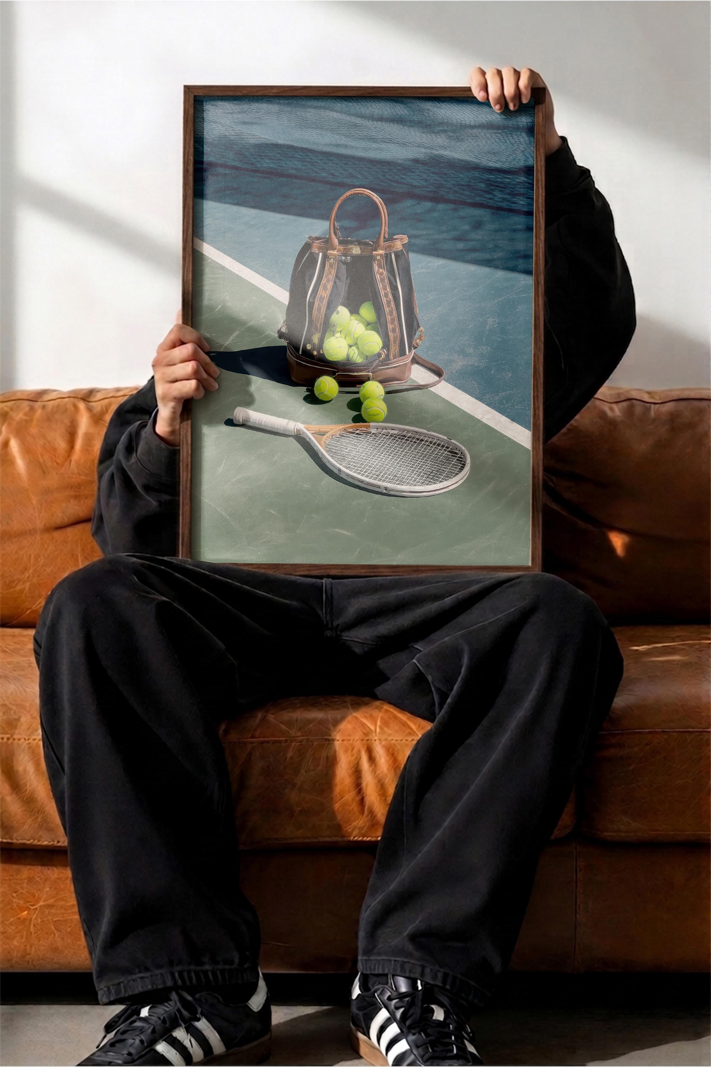 Tenis Raketi ve Topları Posteri, Kahverengi Çerçeveli Poster, Old Money Serisi, NO:113231