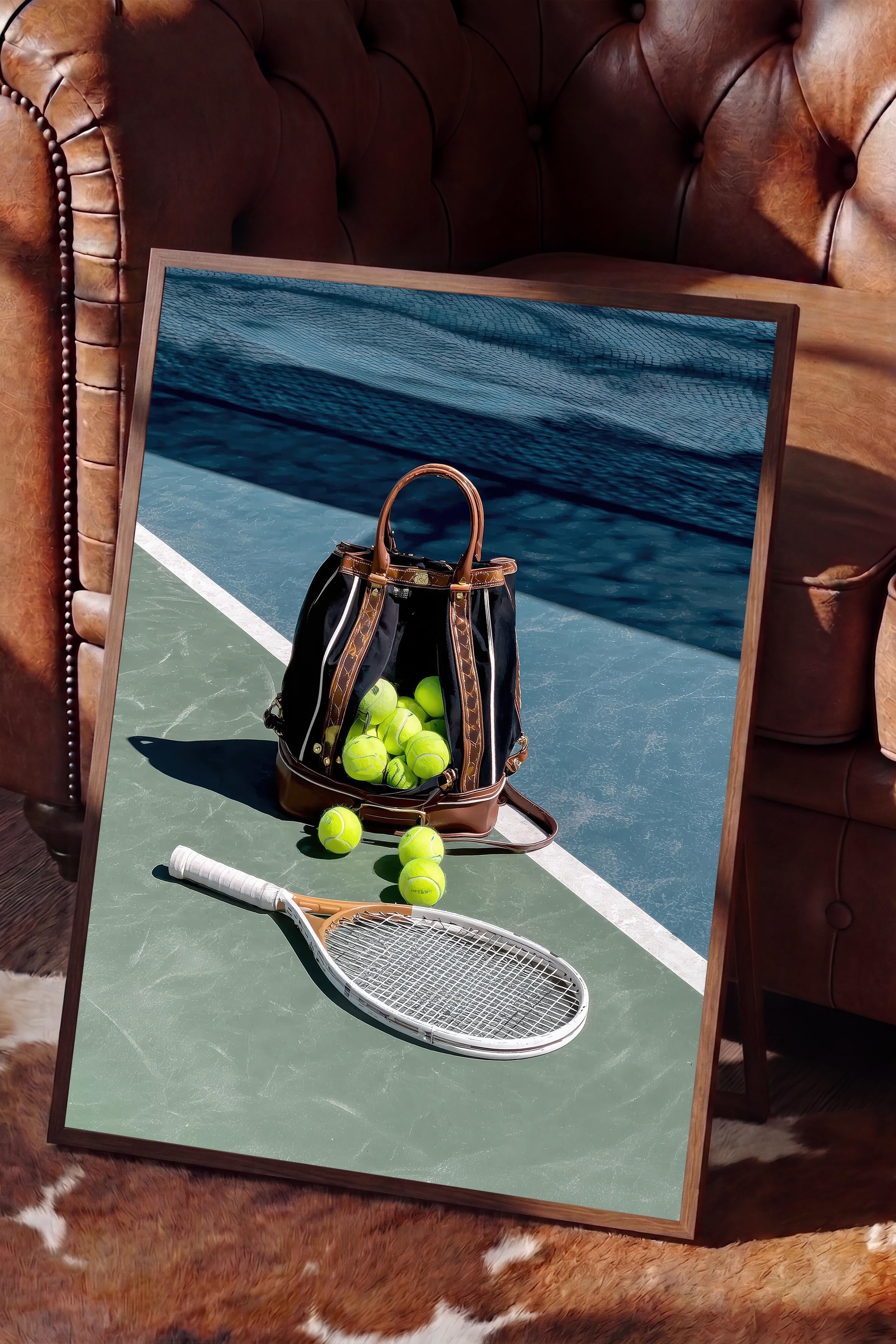 Tenis Raketi ve Topları Posteri, Kahverengi Çerçeveli Poster, Old Money Serisi, NO:113231