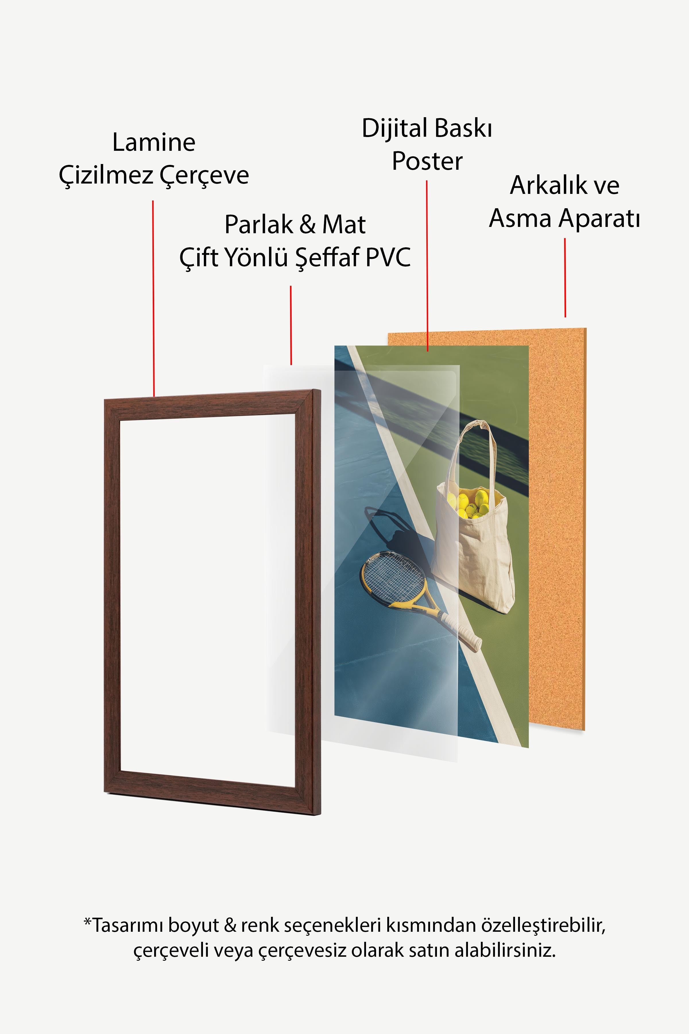 Tenis Raketi ve Topları Posteri, Kahverengi Çerçeveli Poster, Old Money Serisi, NO:113245