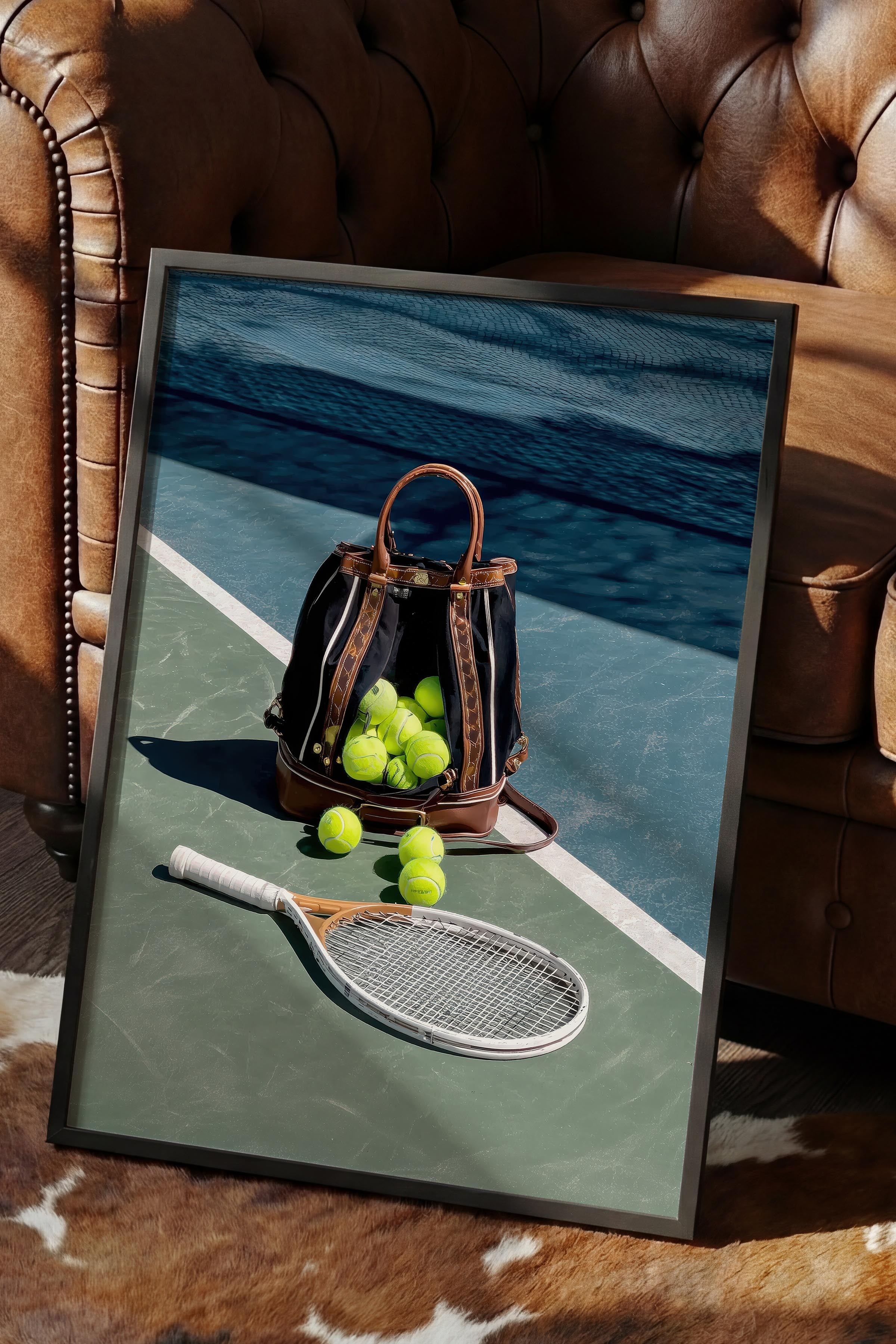 Tenis Raketi ve Topları Posteri, Siyah Çerçeveli Poster, Old Money Serisi, NO:113231