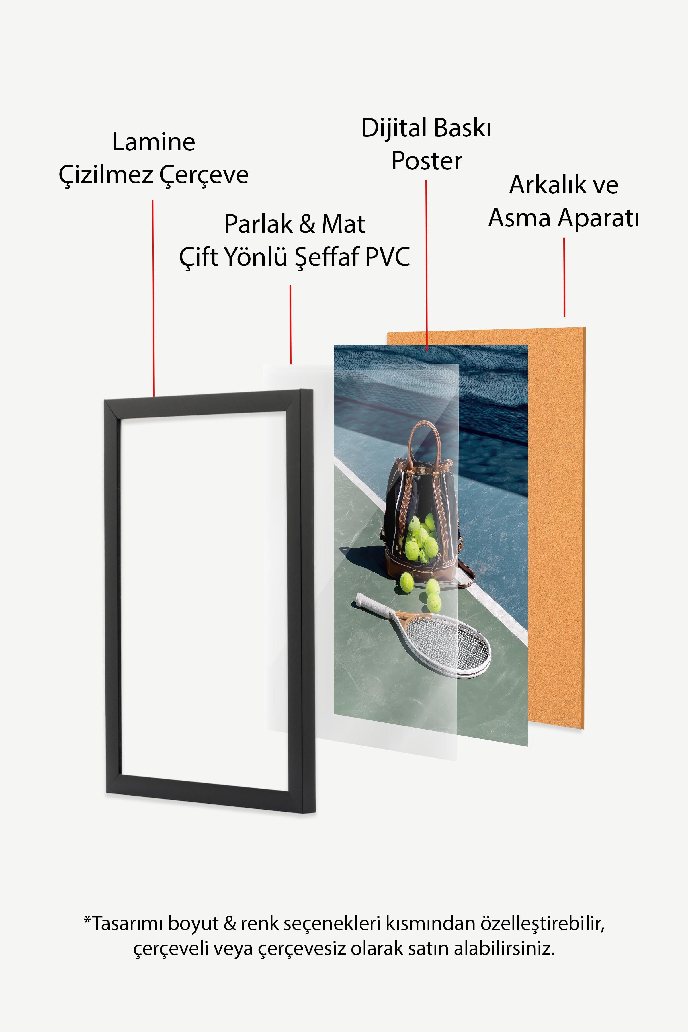 Tenis Raketi ve Topları Posteri, Siyah Çerçeveli Poster, Old Money Serisi, NO:113231