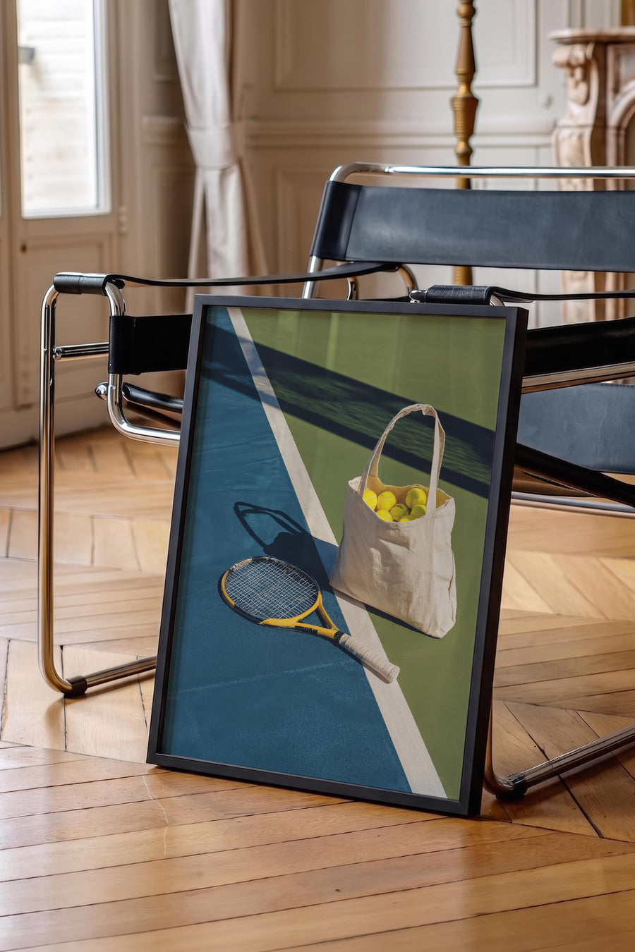 Yeşil Tonlarda Tenis Raketi ve Topları Old Money Poster – Siyah Çerçeveli Tablo