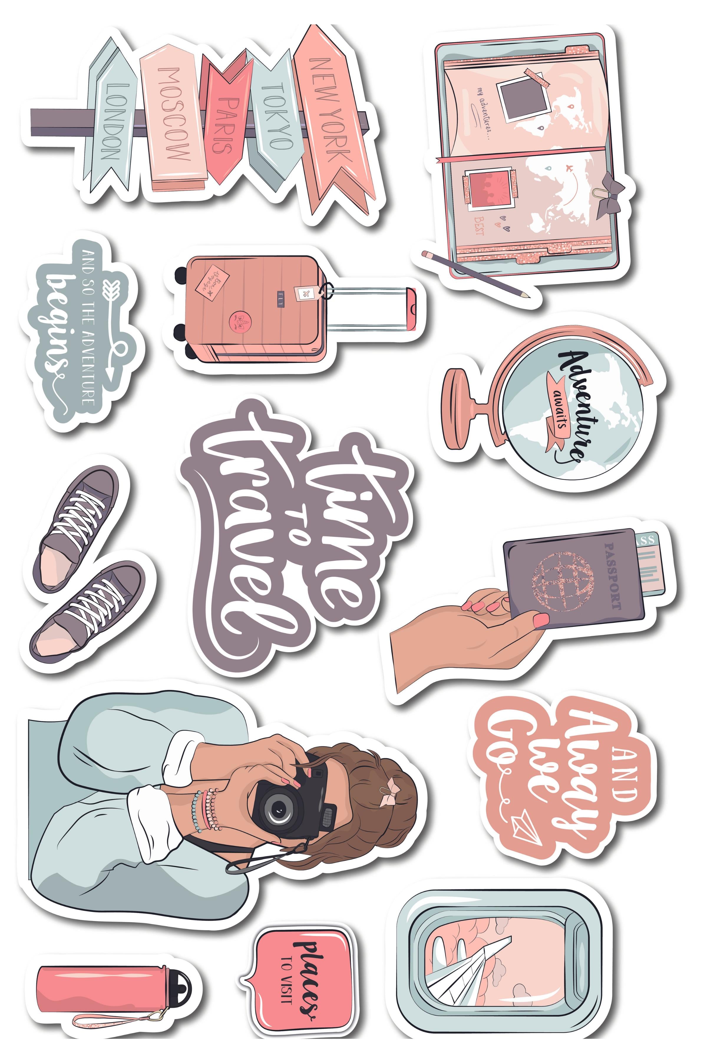 Time to Travel Temalı Sticker ve Etiket Seti - Orta Boy - Su Geçirmez, Kalın Yapışkanlı Sticker Seti