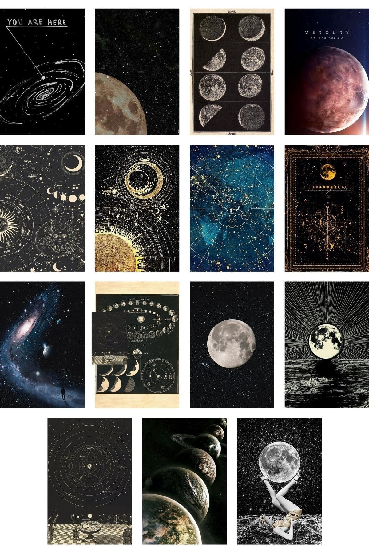 Uzay Poster Seti - Kolaj Seti - Oda Dekoru - Duvar Posteri - Yapışkanlı - Duvar Dekoru - 60 Adet
