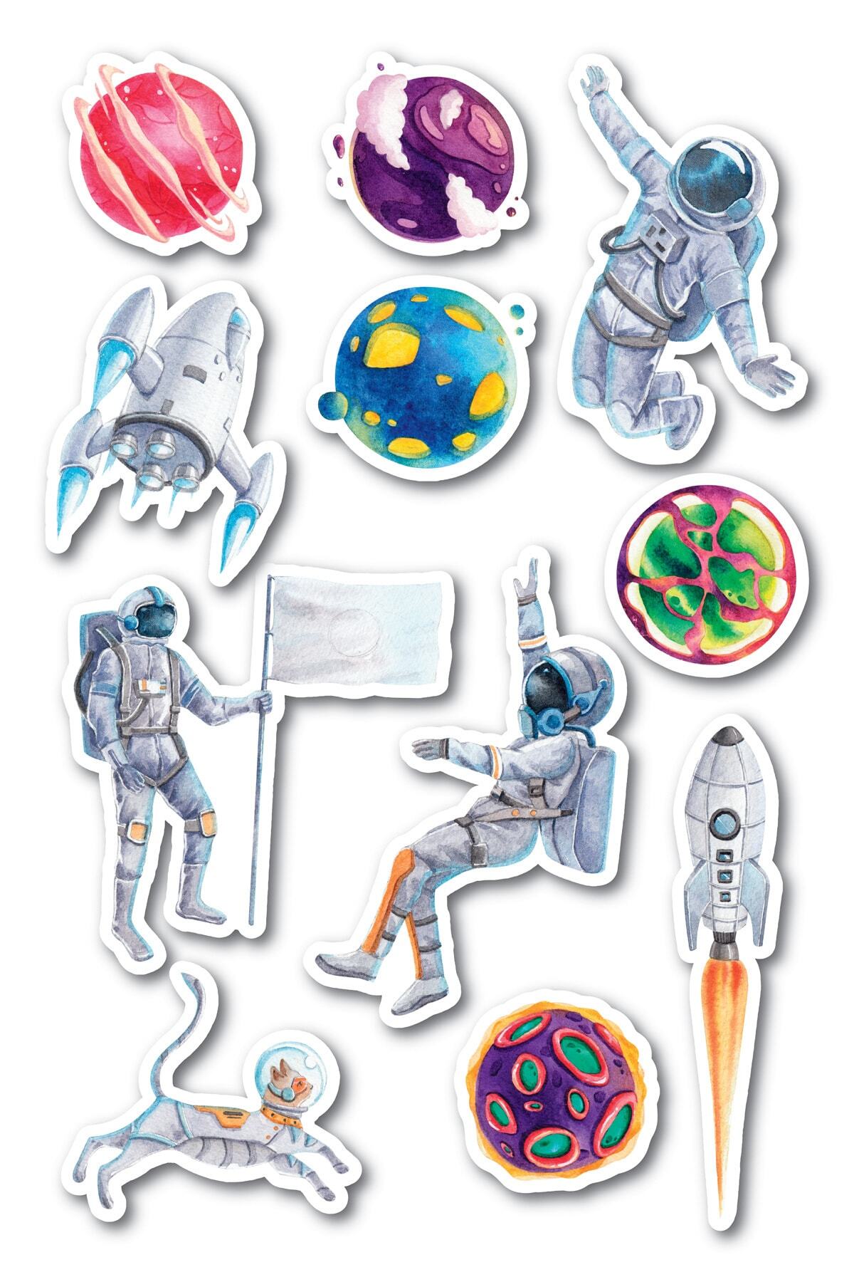 Uzay Temalı Sticker Seti - 11 Adet Etiket Seti- Telefon, Tablet, Defter Laptop Uyumlu Etiket