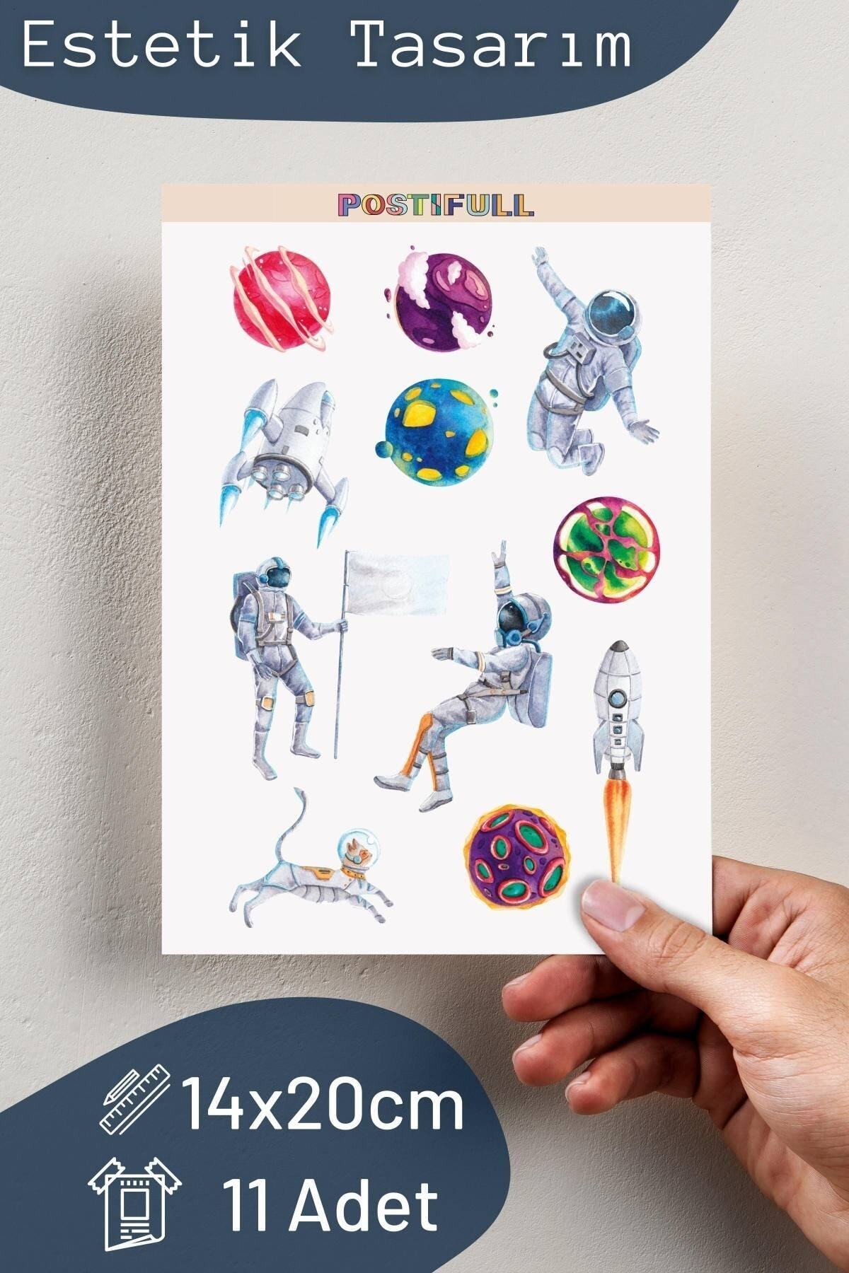 Uzay Temalı Sticker Seti - 11 Adet Etiket Seti- Telefon, Tablet, Defter Laptop Uyumlu Etiket