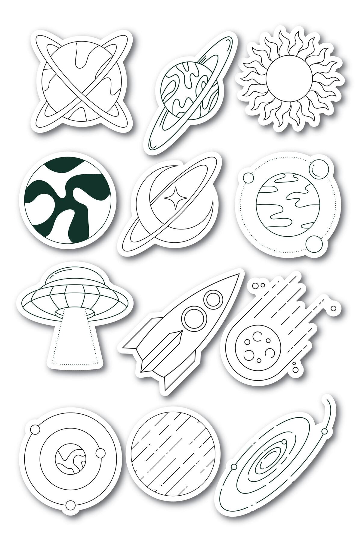 Uzay Temalı Sticker Seti - 12 Adet Etiket Seti- Telefon, Tablet, Defter Laptop Uyumlu Etiket