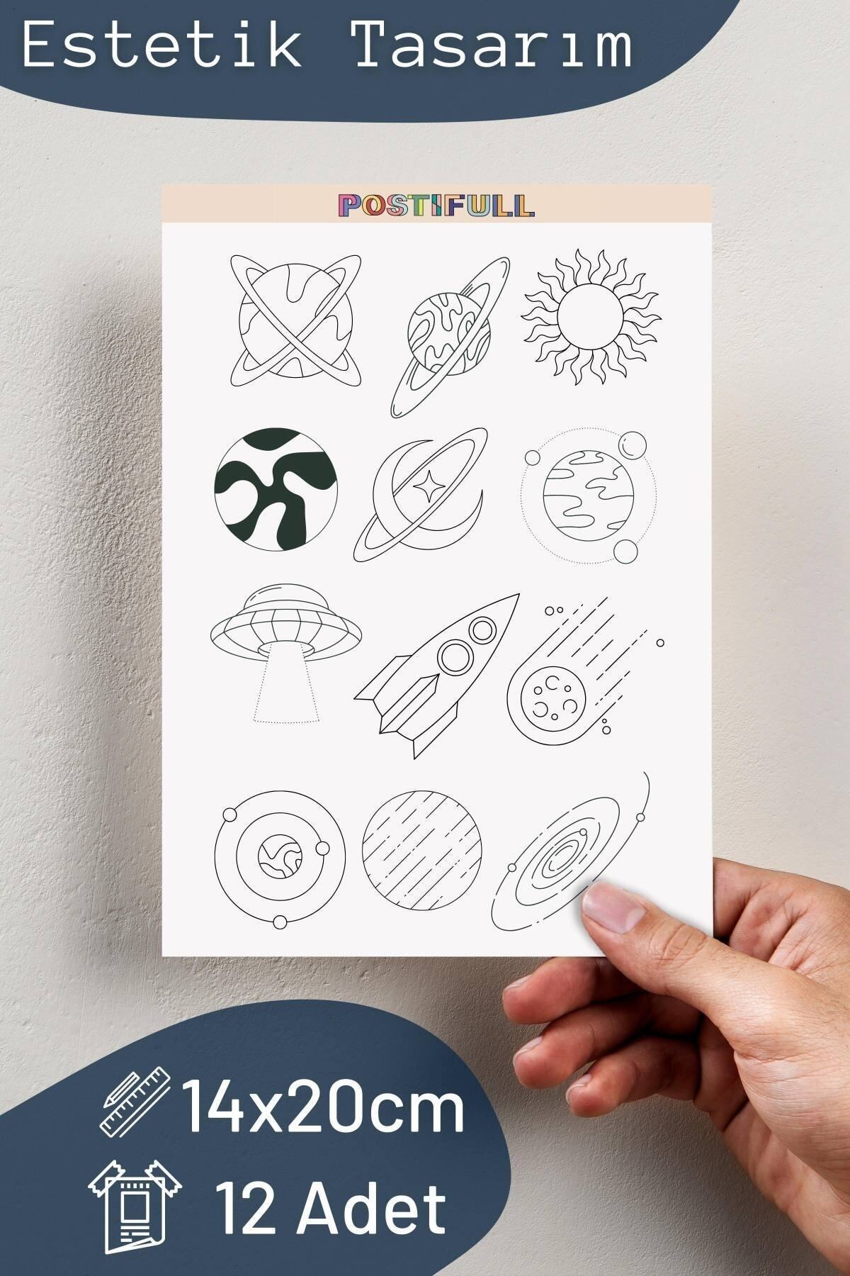 Uzay Temalı Sticker Seti - 12 Adet Etiket Seti- Telefon, Tablet, Defter Laptop Uyumlu Etiket