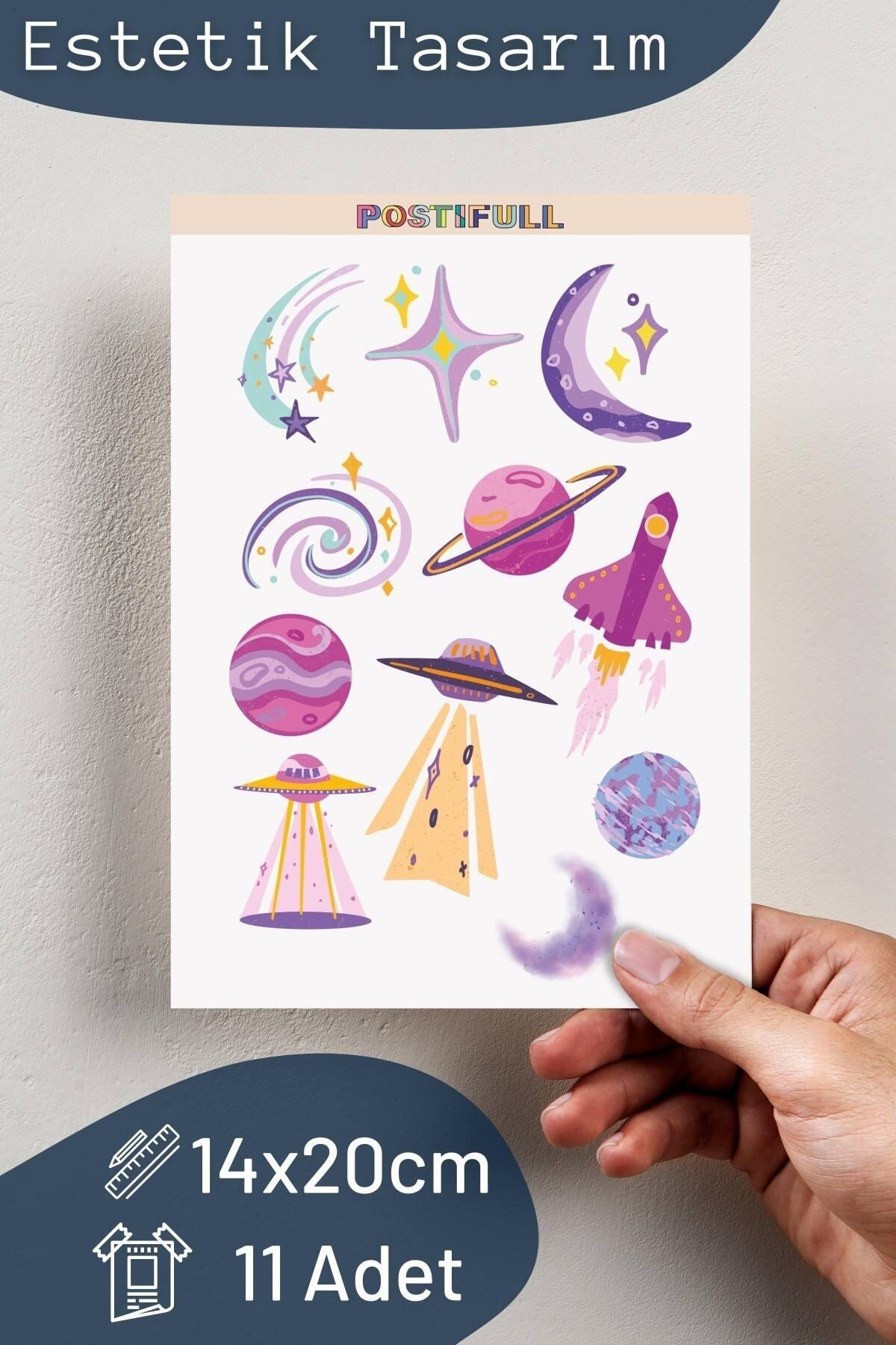 Uzay Temalı Sticker Seti - 13 Adet Etiket Seti- Telefon, Tablet, Defter Laptop Uyumlu Etiket