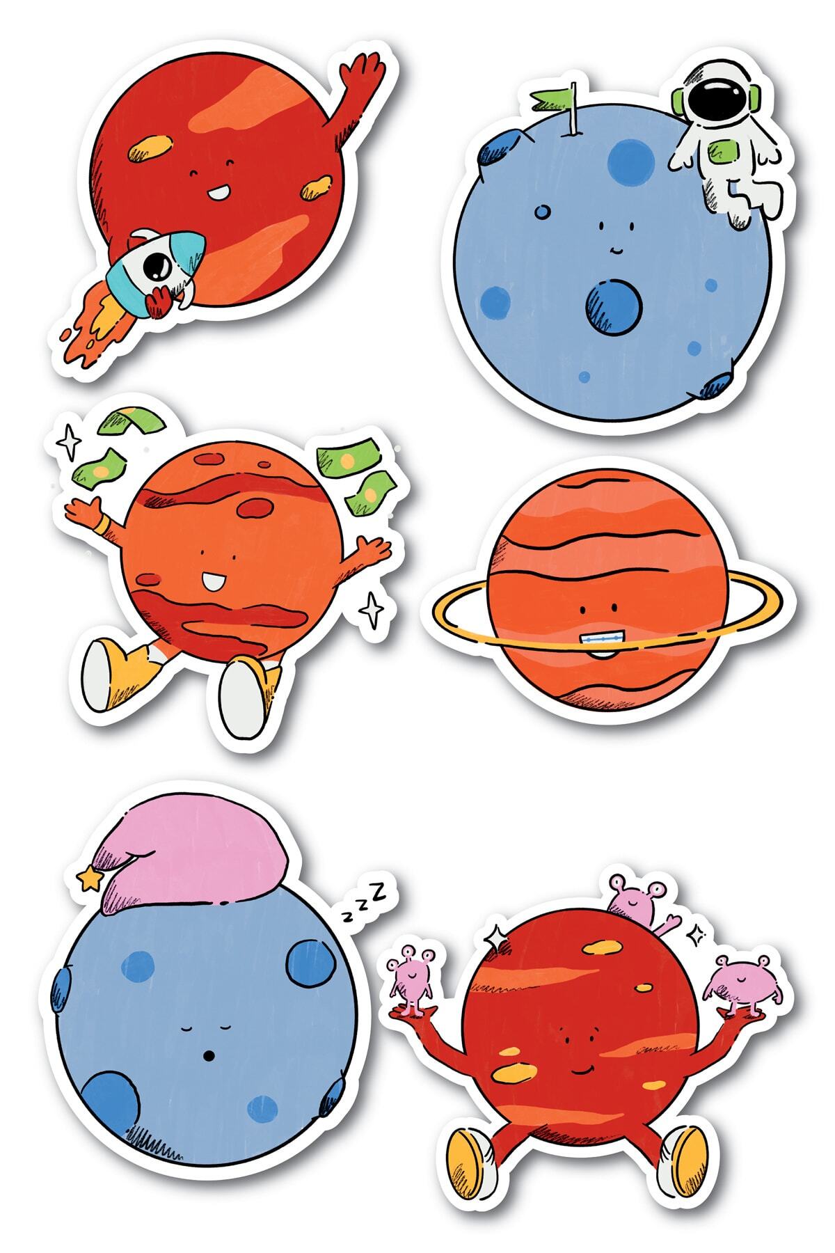 Uzay Temalı Sticker Seti - 6 Adet Etiket Seti- Telefon, Tablet, Defter Laptop Uyumlu Etiket