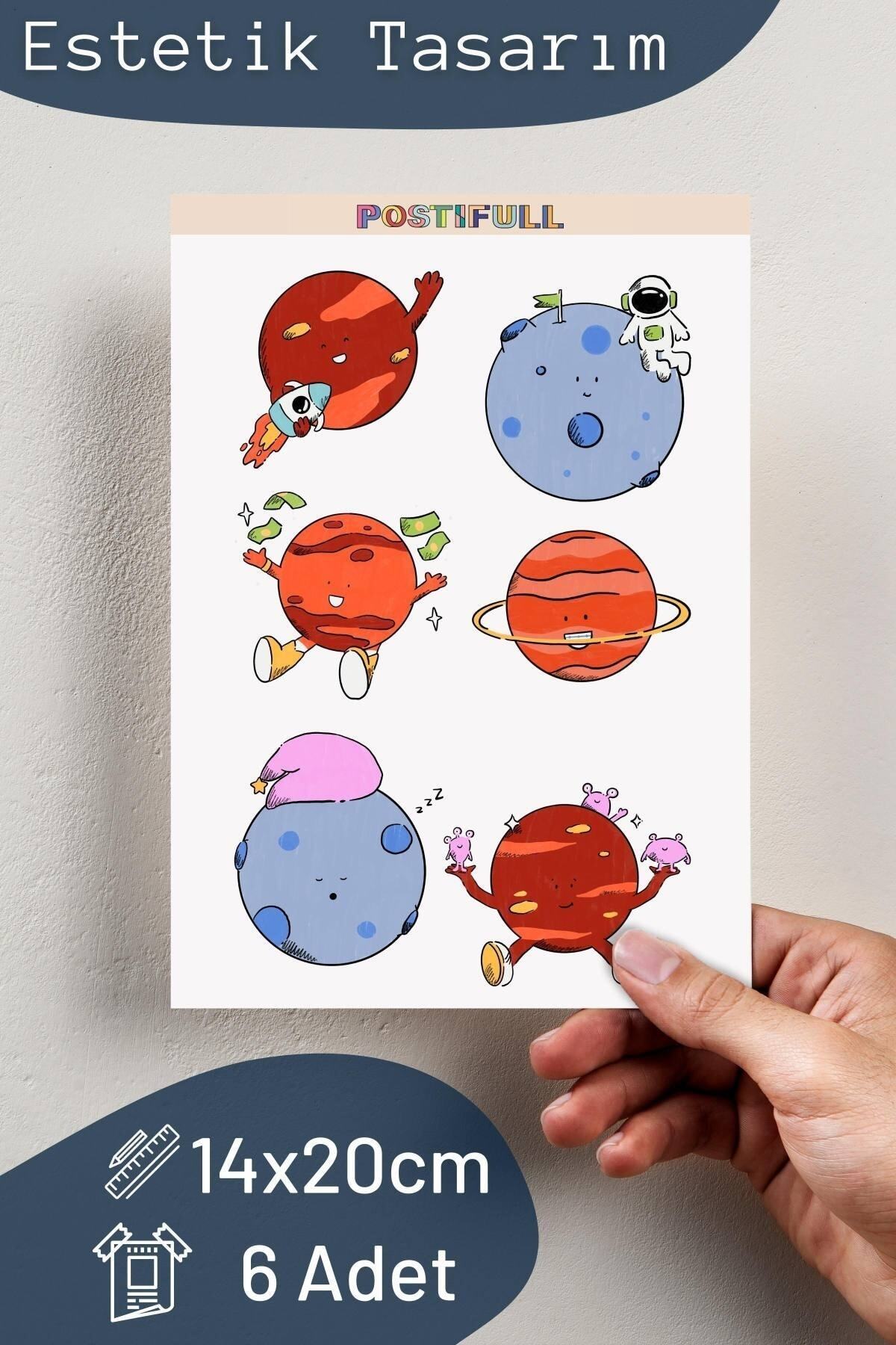 Uzay Temalı Sticker Seti - 6 Adet Etiket Seti- Telefon, Tablet, Defter Laptop Uyumlu Etiket