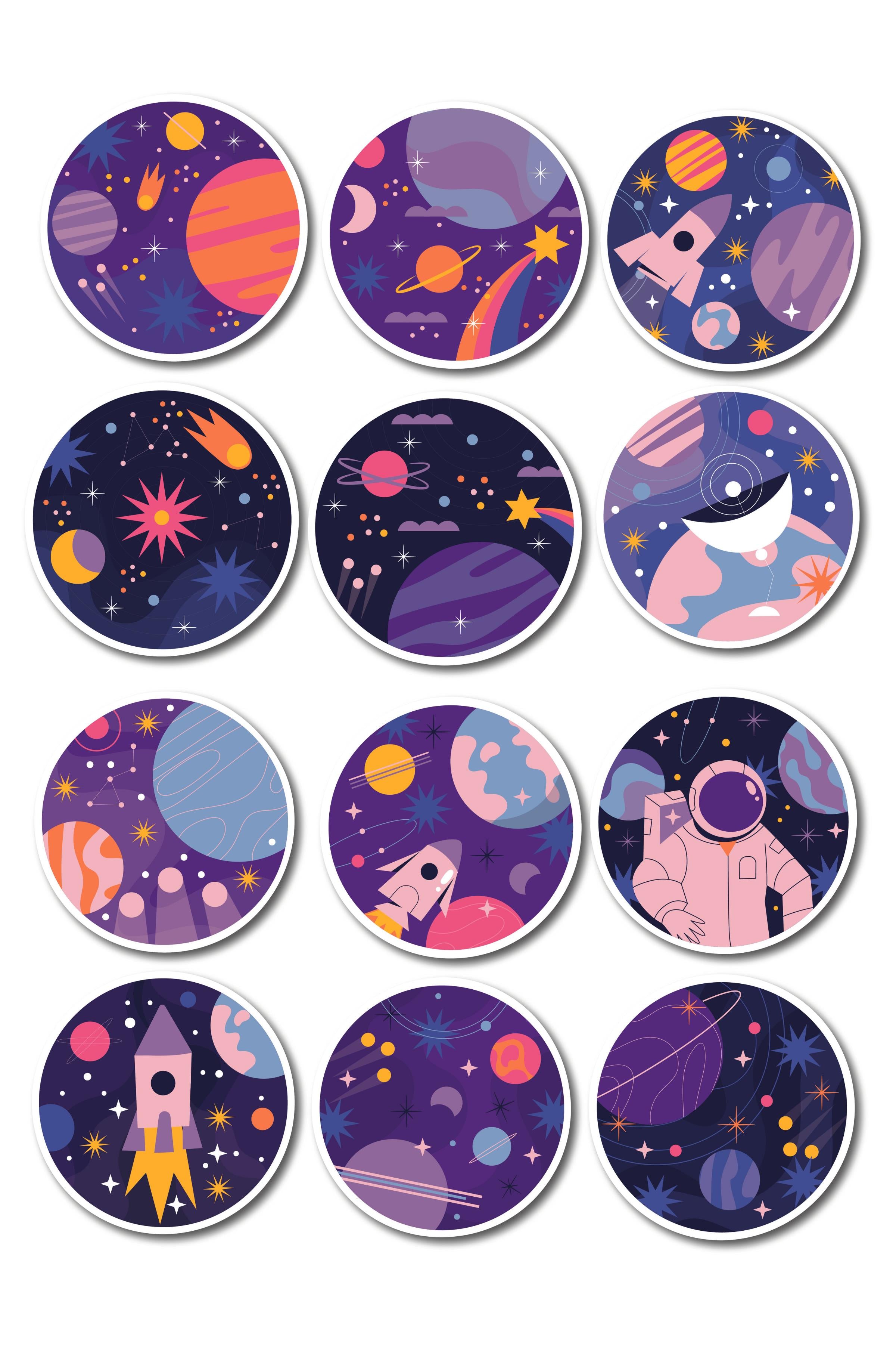 Uzay Temalı Sticker ve Etiket Seti - Orta Boy - Su Geçirmez, Kalın Yapışkanlı Sticker Seti