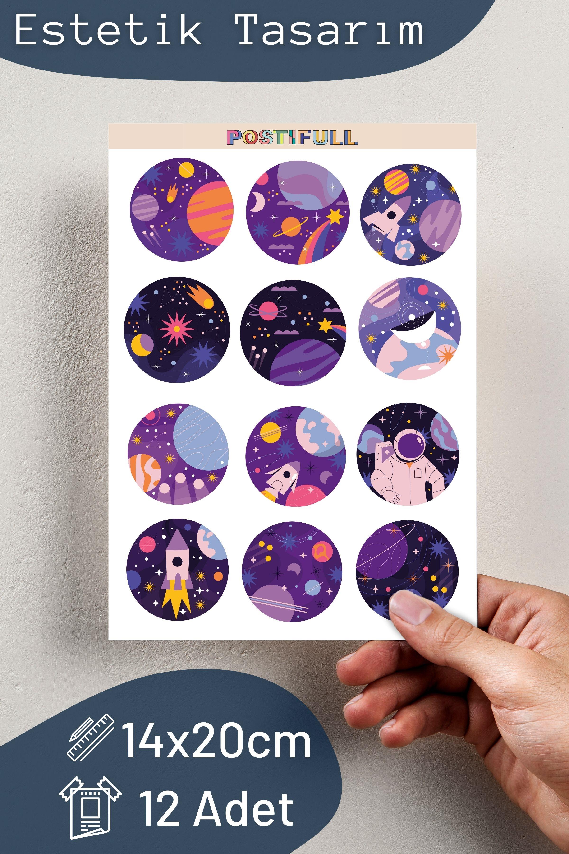 Uzay Temalı Sticker ve Etiket Seti - Orta Boy - Su Geçirmez, Kalın Yapışkanlı Sticker Seti