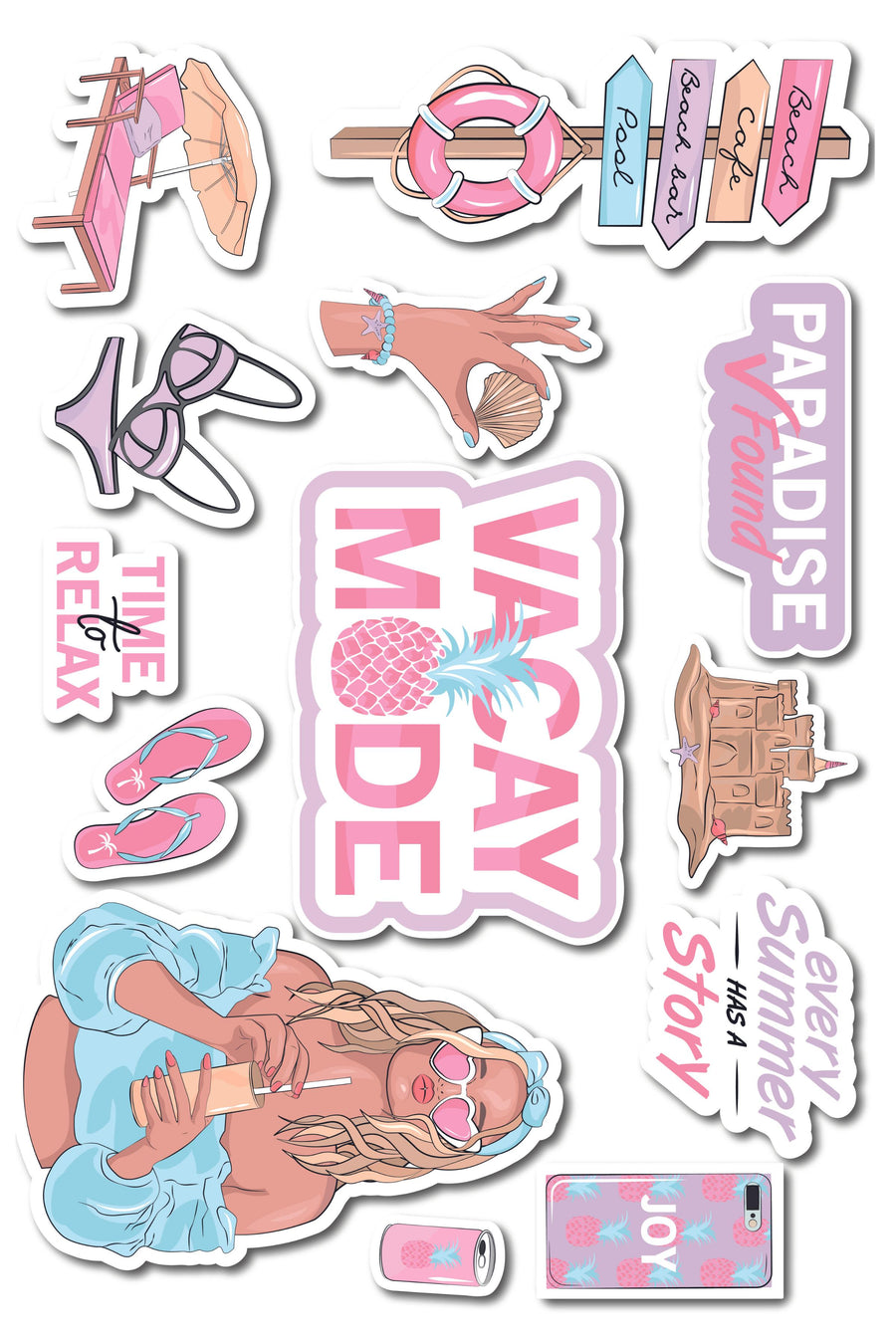 Tatil Modu Temalı Sticker ve Etiket Seti - Orta Boy - Su Geçirmez, Kalın Yapışkanlı Sticker Seti