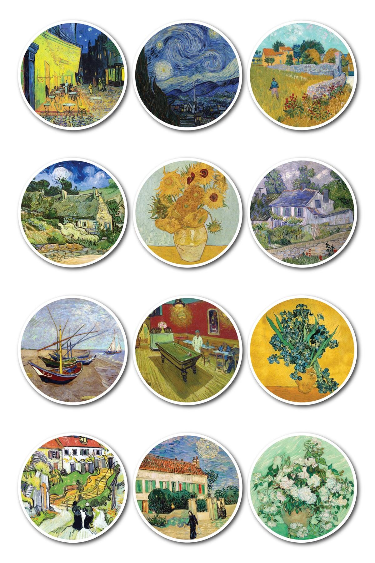 Van Gogh Temalı Sticker Seti - 12 Adet Etiket Seti- Telefon, Tablet, Defter Laptop Uyumlu Etiket