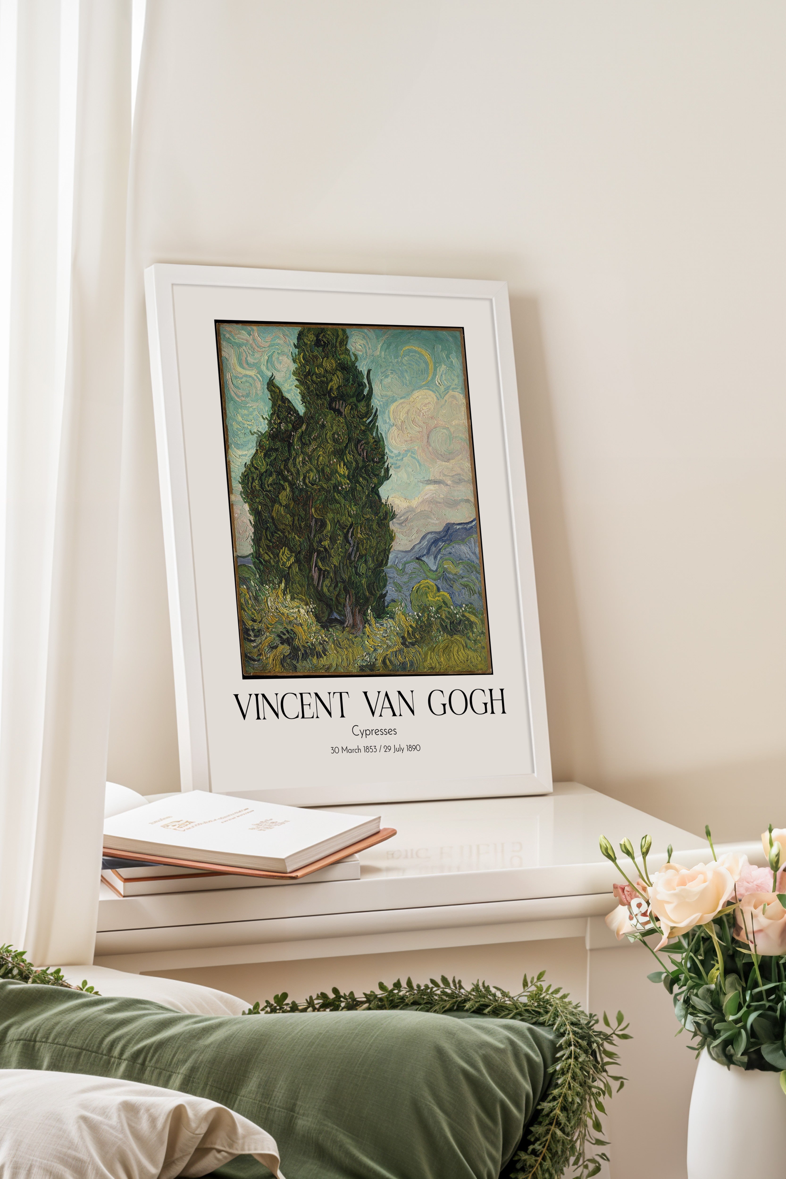Vincent Van Gogh - Cypresses, Beyaz Çerçeveli Tablo, Sanat Serisi NO:110598