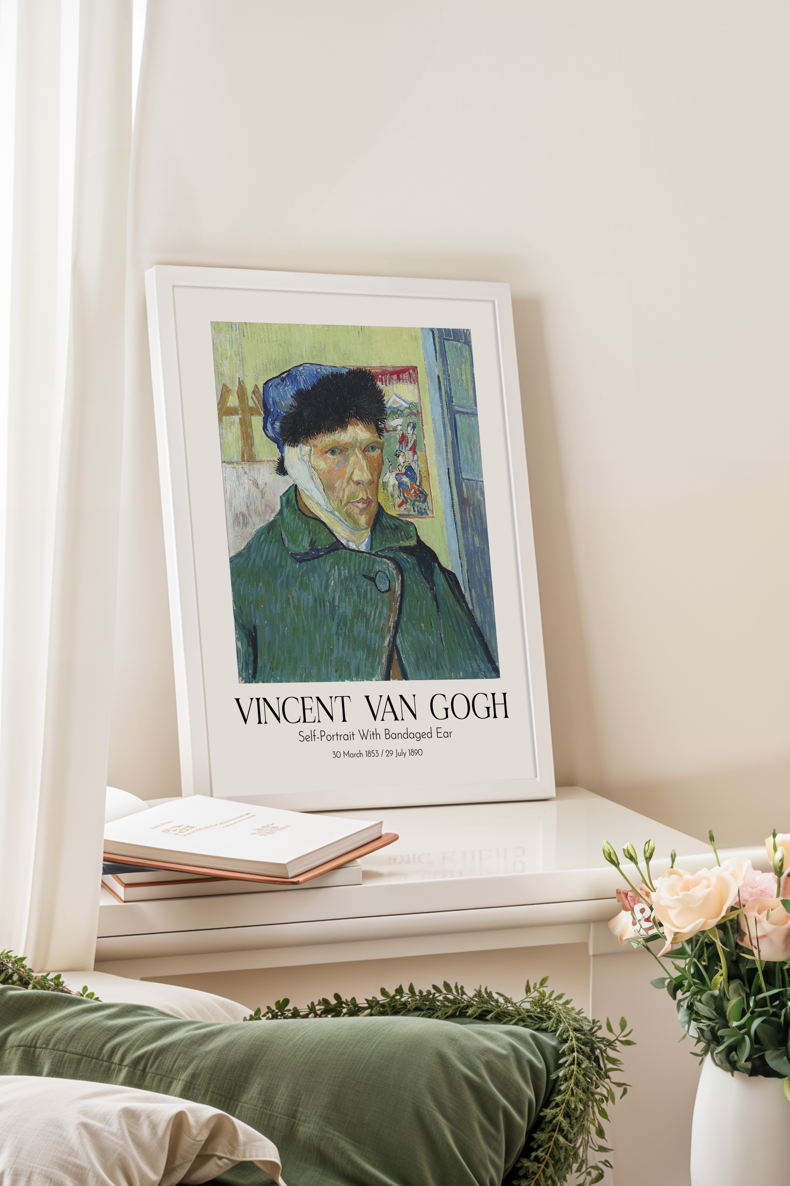 Vincent Van Gogh - Self-Portrait With Bandaged Ear, Beyaz Çerçeveli Tablo, Sanat Serisi NO:110608