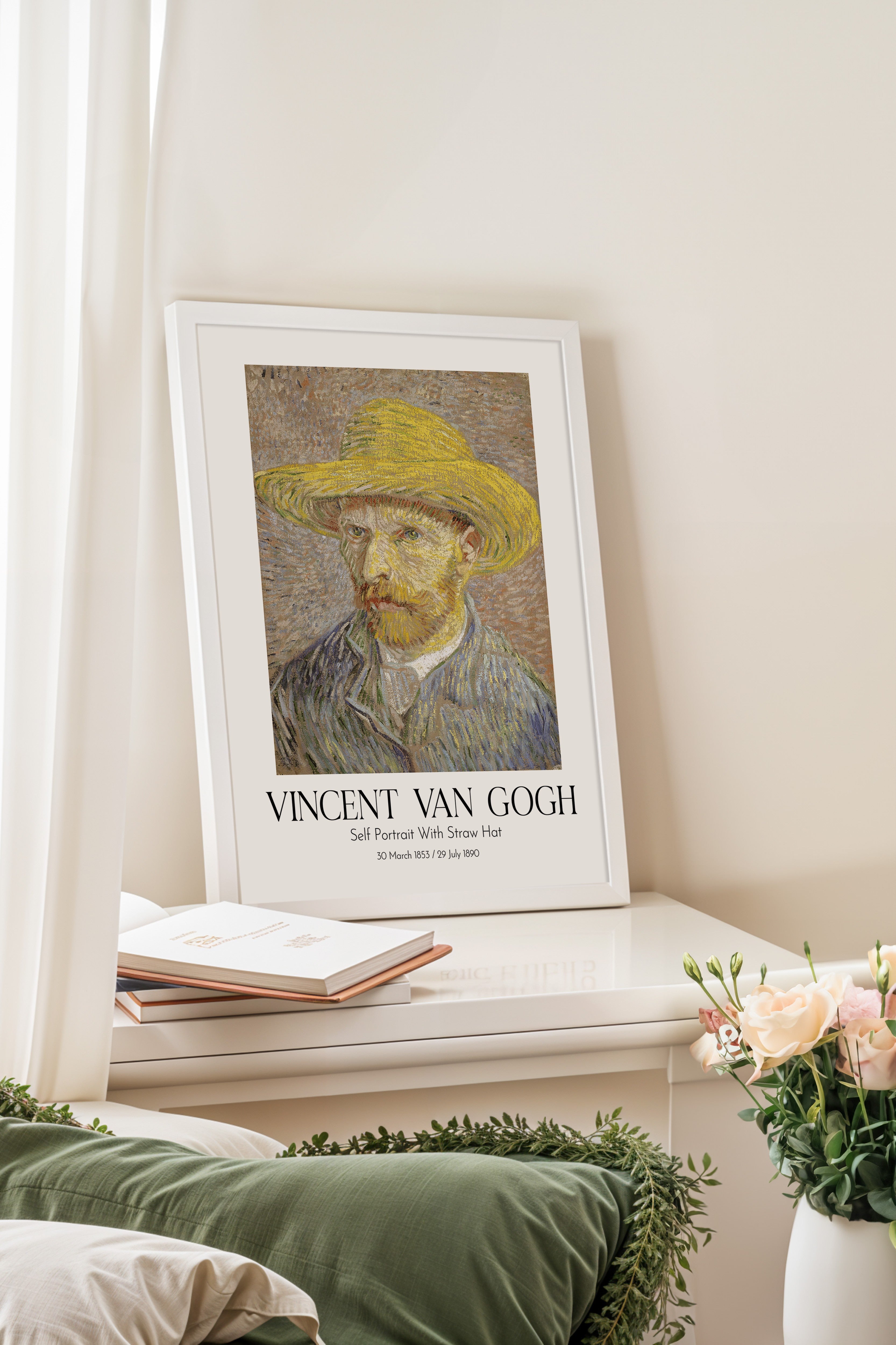 Vincent Van Gogh - Self Portrait With Straw Hat, Beyaz Çerçeveli Tablo, Sanat Serisi NO:110604