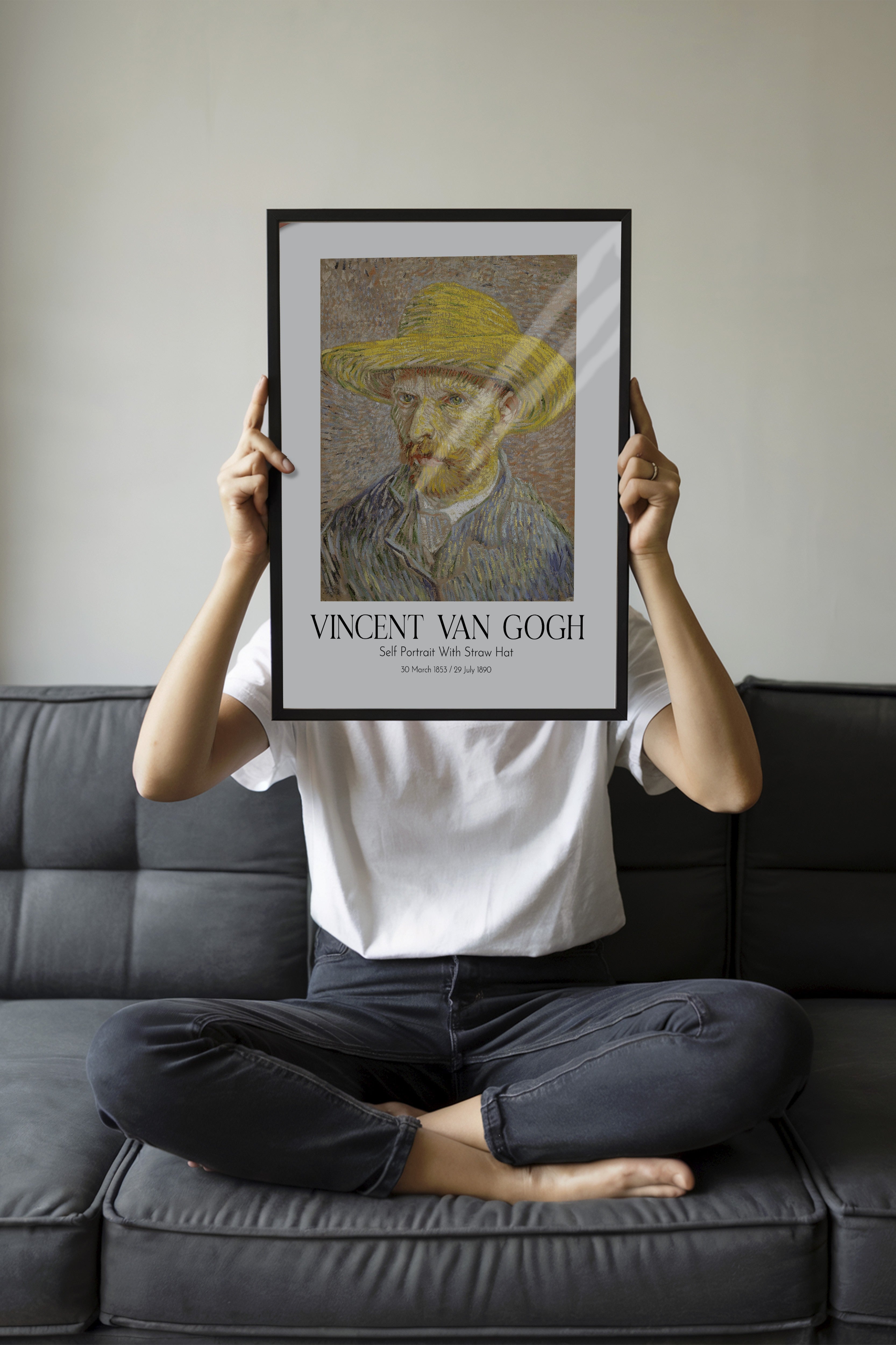 Vincent Van Gogh - Self Portrait With Straw Hat, Siyah Çerçeveli Tablo, Sanat Serisi NO:110604