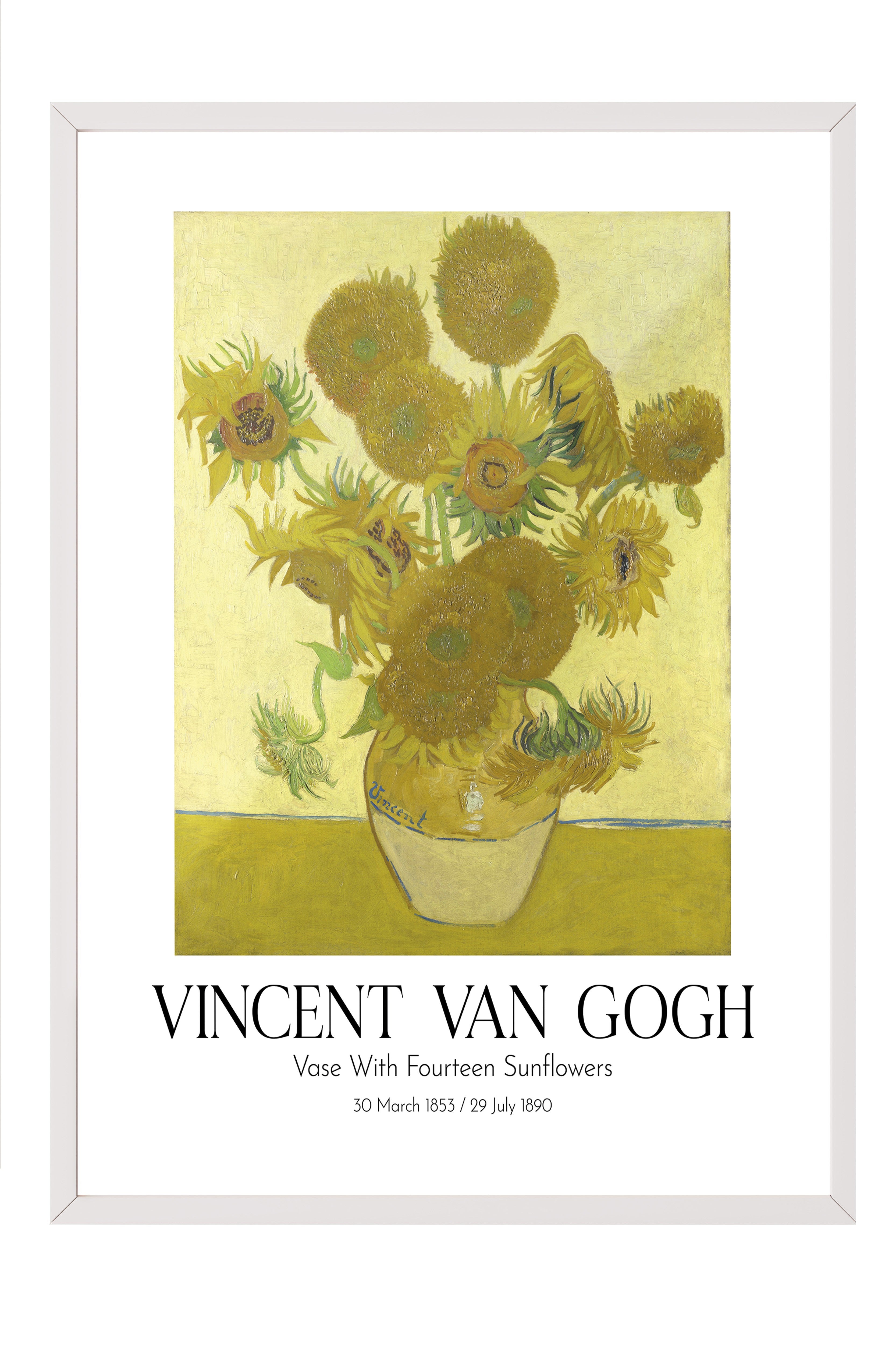 Vincent Van Gogh - Vase With Fourteen Sunflowers, Beyaz Çerçeveli Tablo, Sanat Serisi NO:110610