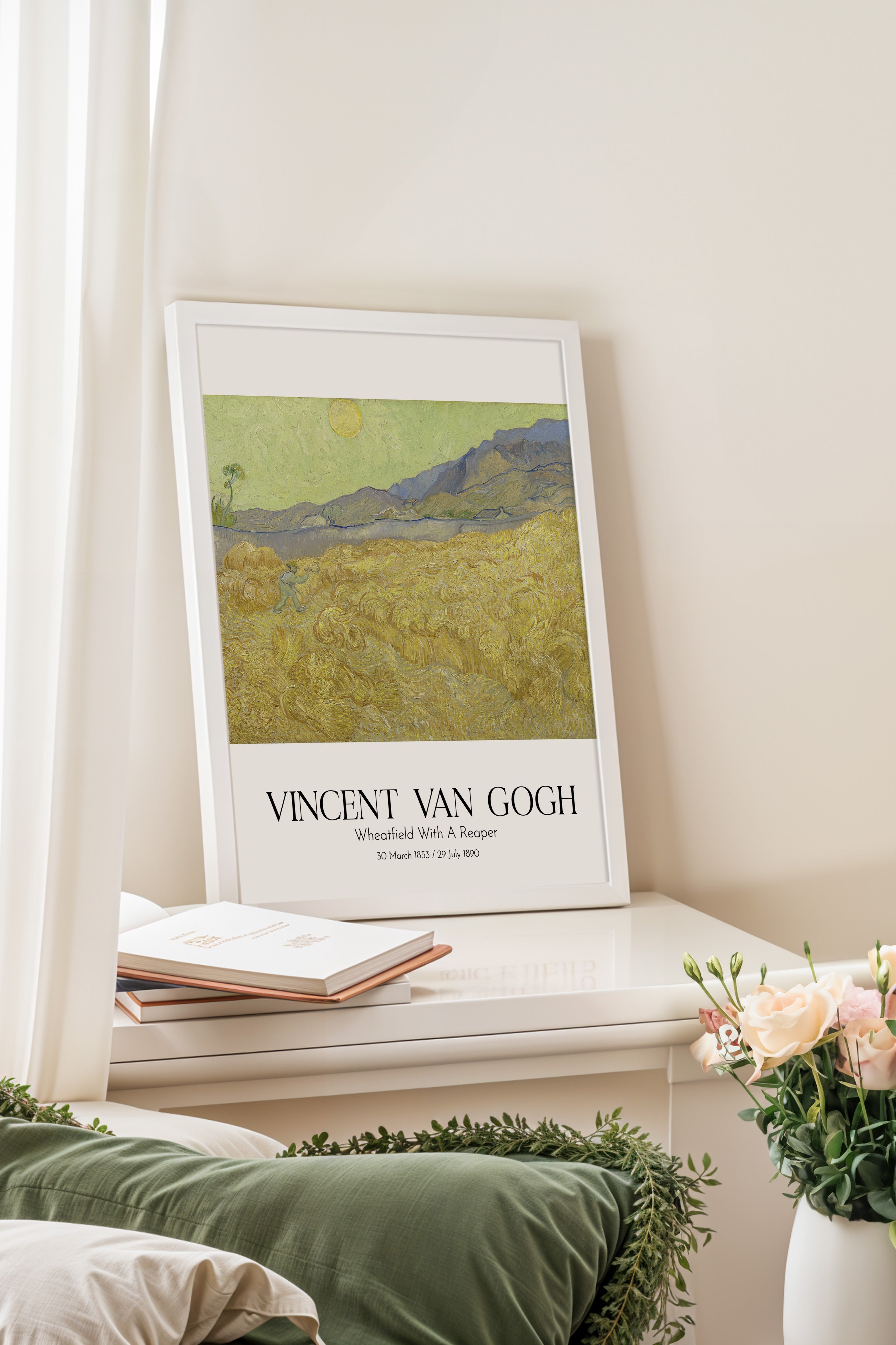 Vincent Van Gogh - Wheatfield With A Reaper, Beyaz Çerçeveli Tablo, Sanat Serisi NO:110632