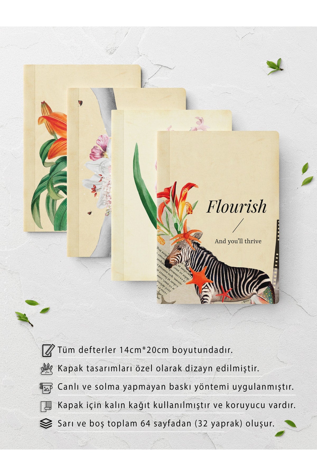 Vintage Defter Seti - 4 Adet - 14cm 20cm - 64 Sayfa - Çizgisiz