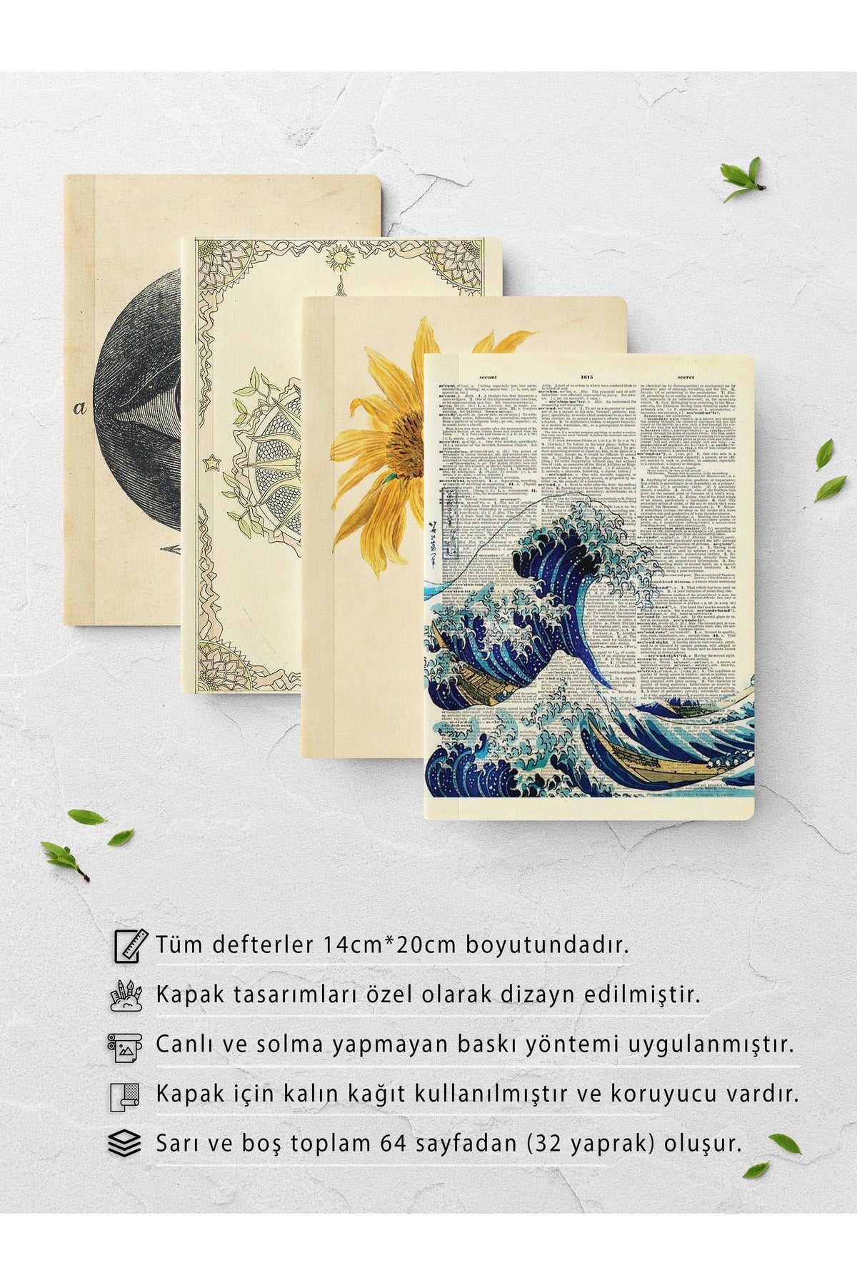 Vintage Defter Seti - 4 Adet - 14cm*20cm - 64 Sayfa - Çizgisiz
