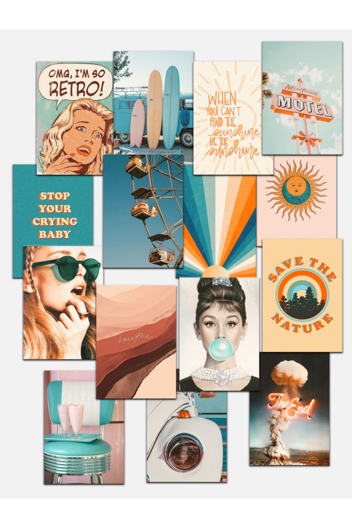 Vintage Duvar Kağıdı Seti, Retro Poster Seti, Dekoratif Poster Kolaj Seti, Çerçevesiz Poster Set